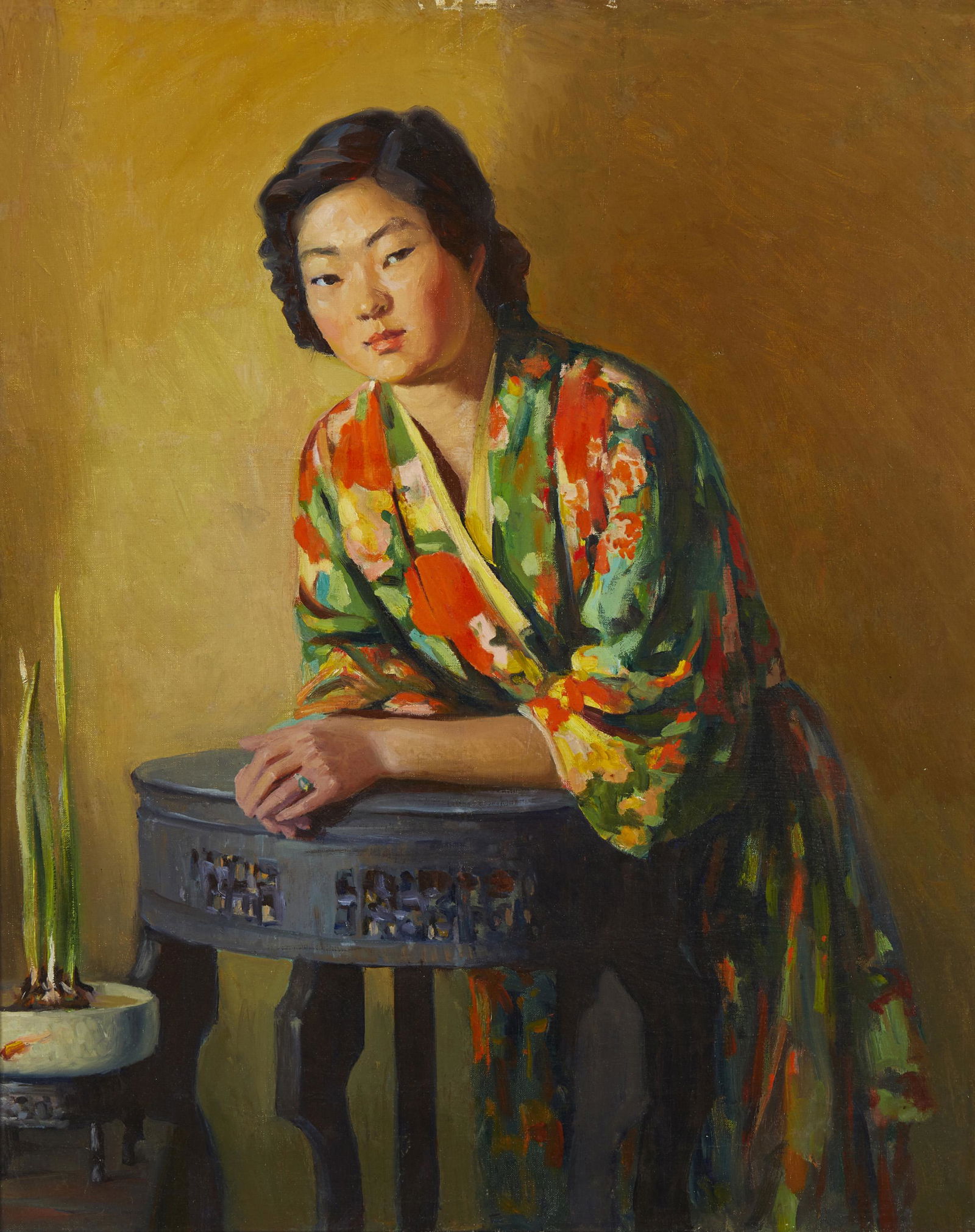 Robert Alexander Graham (1873-1946, San Francisco, CA): A portrait of a Japanese woman wearing a kimono Oil on canvas laid to waxed canvas Unsigned 30.25" H x 24.50" W Provenance: Sale: Bonhams California, "Sunset Estate Auction," January 20, 2008, Lo
