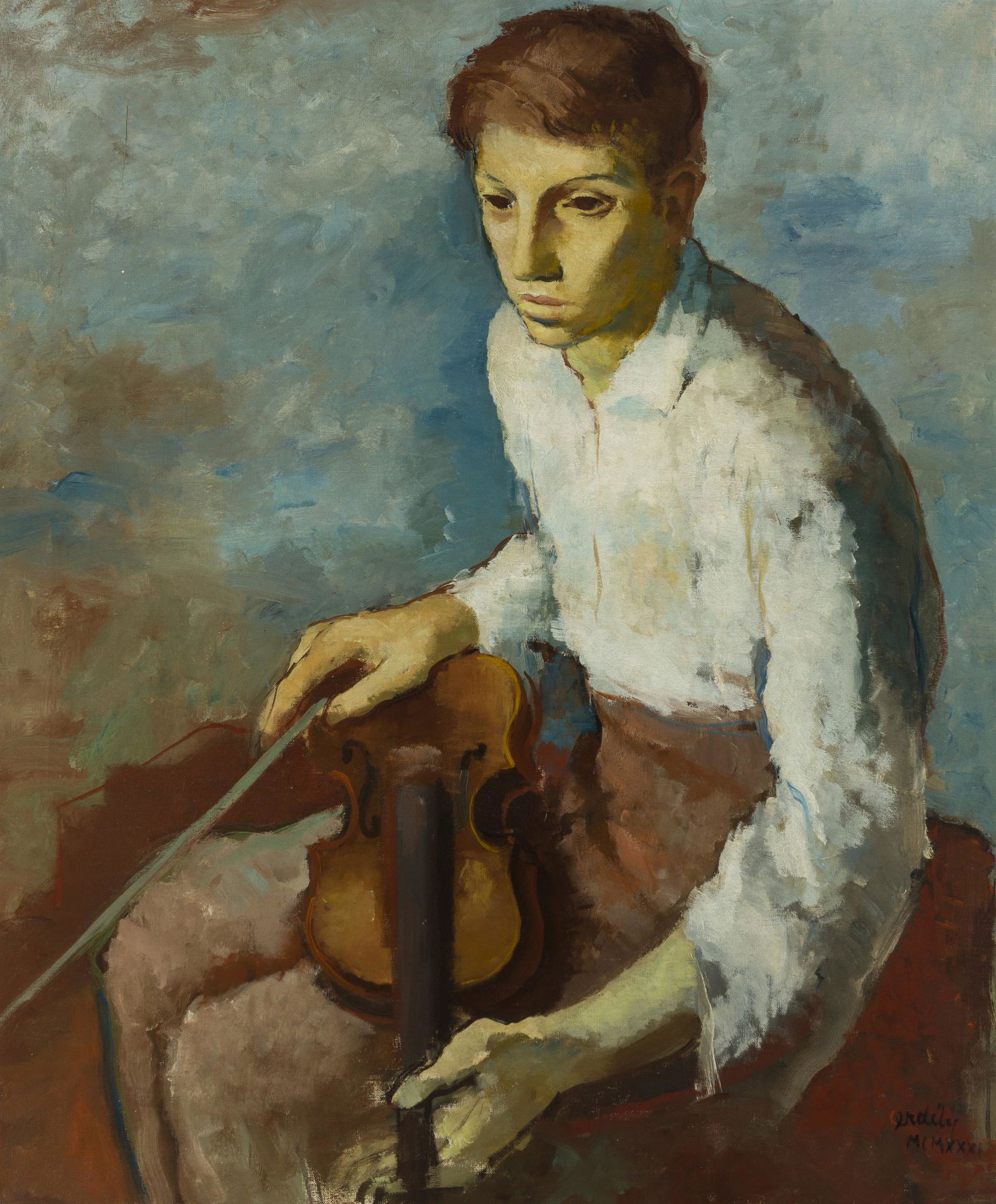 Francis De Erdely (1904-1959, Los Angeles, CA): Violin player, 1931 Oil on canvas Signed and dated in Roman Numerals lower right: erdely / MCMXXXI 35.5" H x 29.5" W