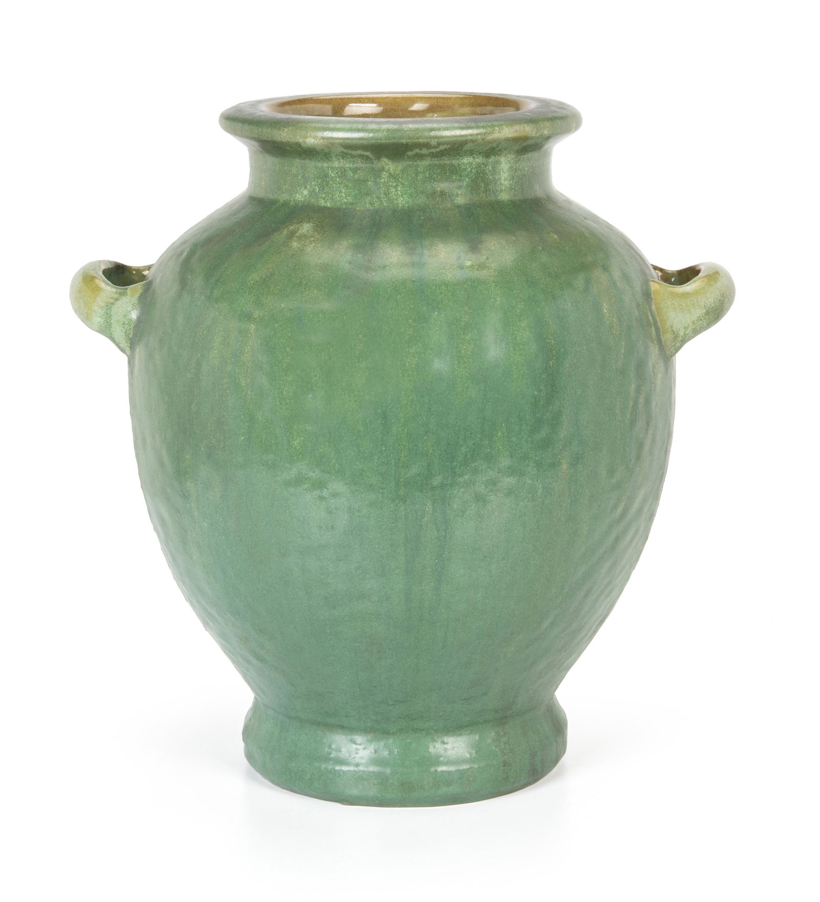 A Fulper pottery handled vase: 1922-1928 Ink mark: Fulper The green-glazed bulbous vase flanked by two rounded handles 12" H x 11.25" W x 9" W