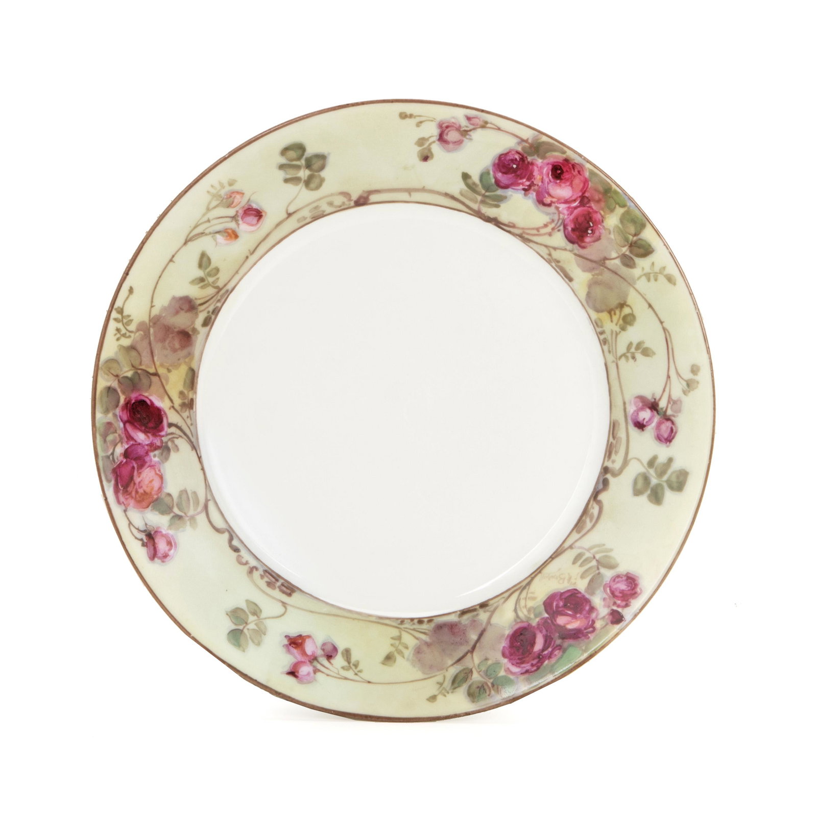 A Franz Bischoff hand-painted porcelain plate: First-quarter 20th Century Signed to border: F.A. Bischoff; Stamped verso: Haviland France The French Limoges plate with burgundy rose vining border 1.125" H x9.625" Dia.