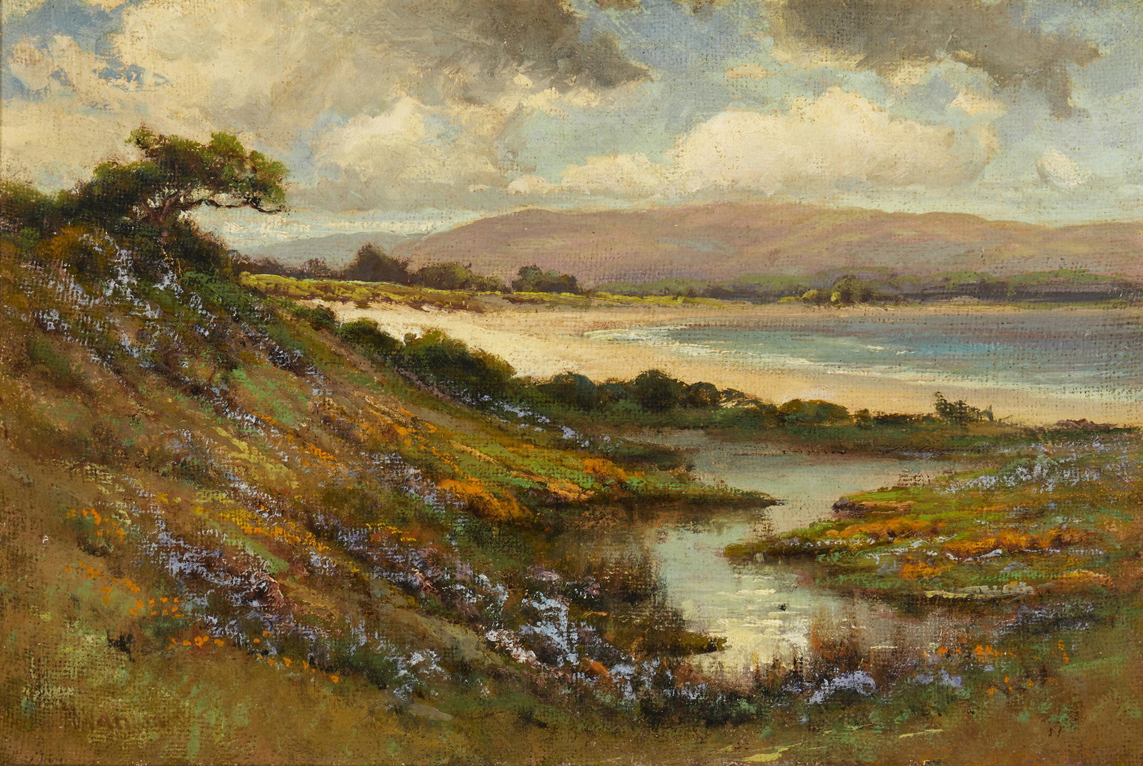 Manuel Valencia (1856-1935, Sacramento, CA): "Poppies & Lupine - Monterey" Oil on canvas laid to waxed canvas Signed lower left: M. Valencia, titled on a card affixed to the backing board 16" H x 24" W Provenance: Estate of Dewitt McCall III, Lo