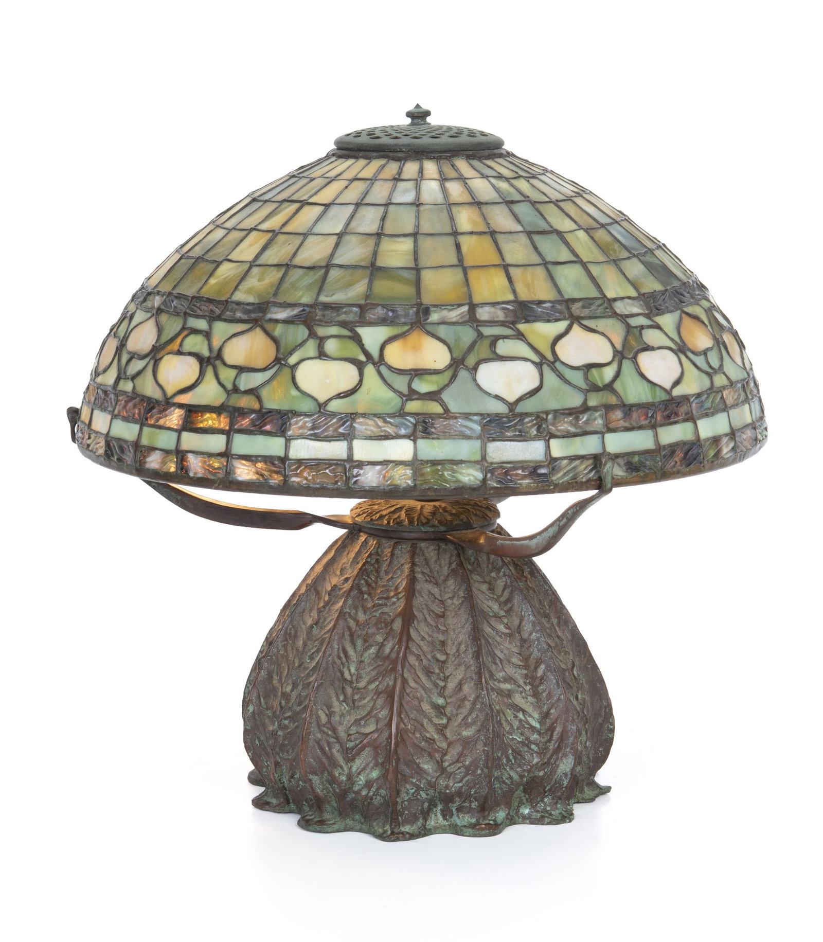 A Tiffany-style leaded glass table lamp: 20th century Shade signed: Art Glass Studio The acorn-motif shade on bulbous three-light bronze base 16" H x 16" Dia.