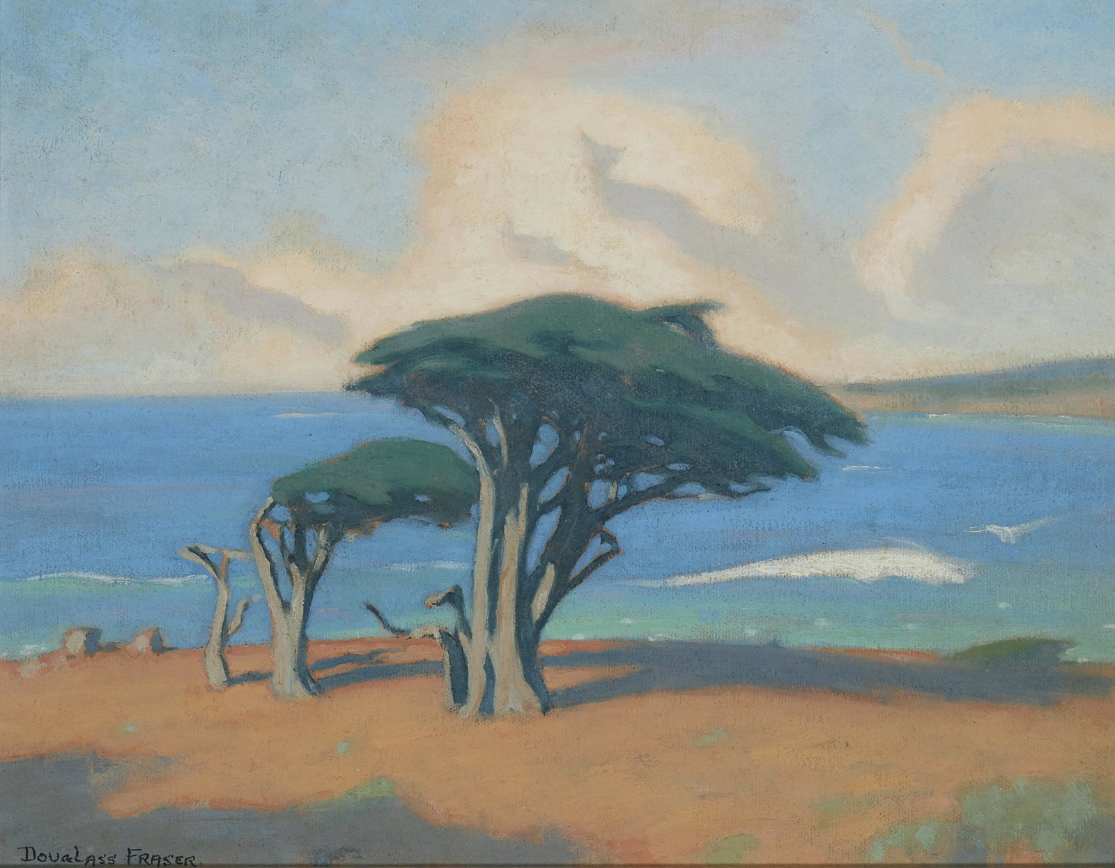 Douglass Fraser (1883-1955, Vallejo, CA): "The Coast of Monterey," 1942 Oil on canvas laid to waxed canvas Signed lower left: Douglass Fraser, titled, dated and inscribed on the stretcher: "Carmel, California - Painted by - Douglass Fraser" 1