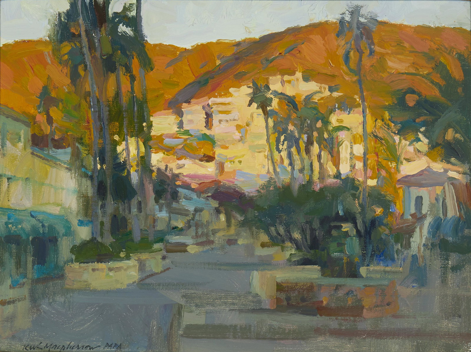 Kevin MacPherson (b. 1956, Escondito, NM): "Good Morning Avalon," 1997 Oil on canvasboard Signed lower left: Kevin MacPherson PAPA, signed again, titled, dated and inscribed verso: Plein Air Painters of America 12" H x 16" W