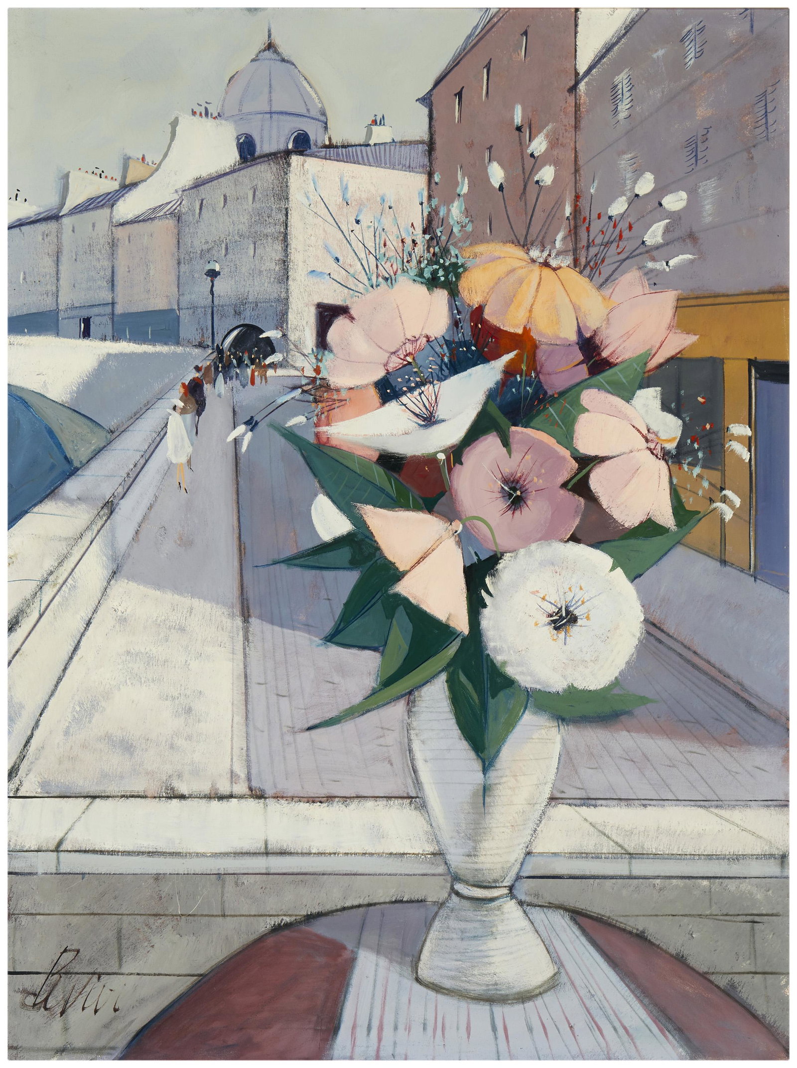 Charles Levier (1920-2003, French): "Fleurs au la Rue" floral still life on the street Oil on canvas Signed lower left: Levier, signed again and titled verso 40" H x 30" W