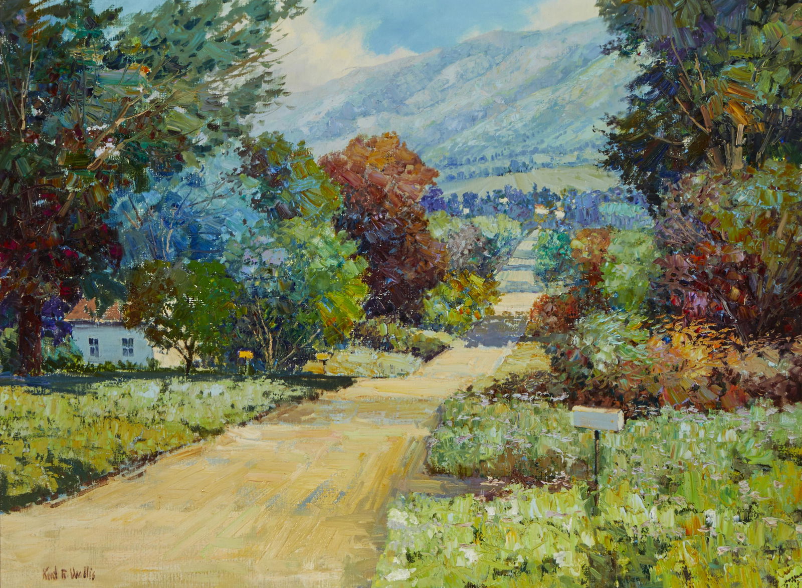 Kent R. Wallis (b. 1945, Utah): "A Long Road Home," Country road with house and trees Oil on canvas Signed lower left: Kent R. Wallis, titled and numbered on a label affixed to the backing paper: #2950 36" H x 48" W
