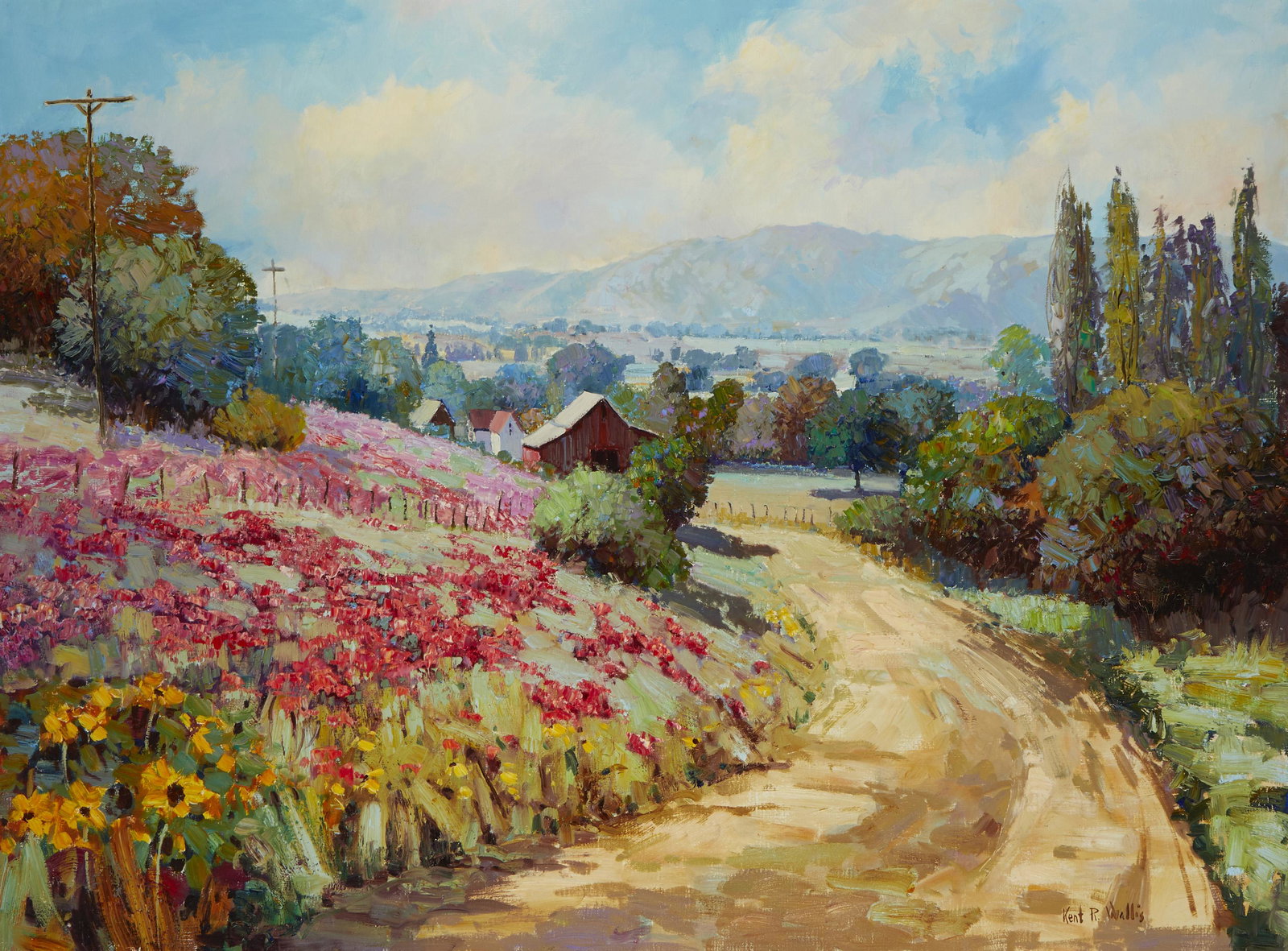 Kent R Wallis (b. 1945, Utah): "Field Aglow," Country road with flowering hillside Oil on canvas Signed lower right: Kent R. Wallis, signed again, titled and numbered on the backing board: #2858 36" H x 48" W