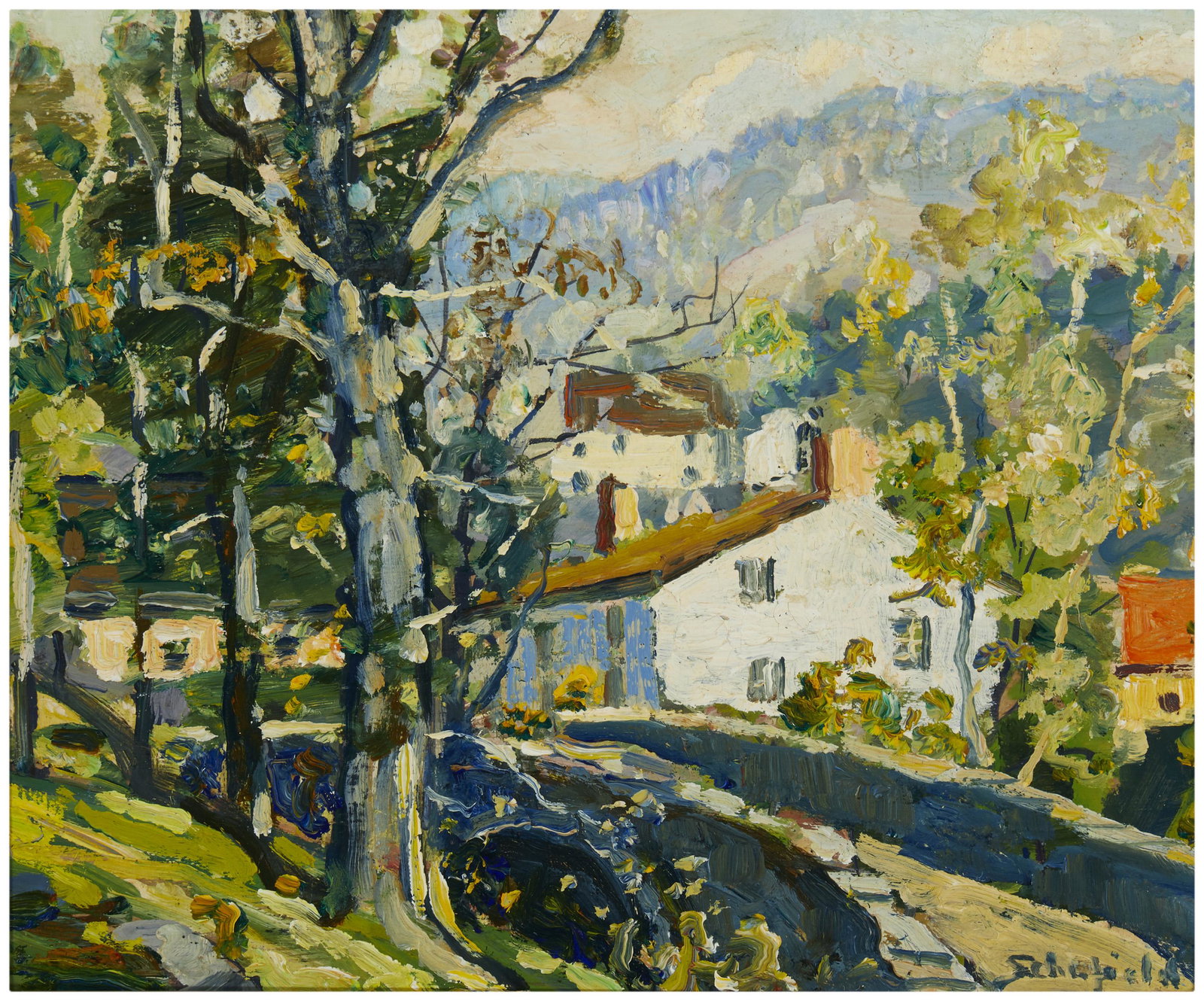 Walter Elmer Schofield NA (1867-1944, Philadelphia, PA): "Kings Bridge Mill-Devonshire" Oil on board Signed lower right: Schofield, titled on a gallery label affixed verso 10" H x 12" W Provenance: The Redfern Gallery, Laguna Beach, CA Notes: In a Meyer O