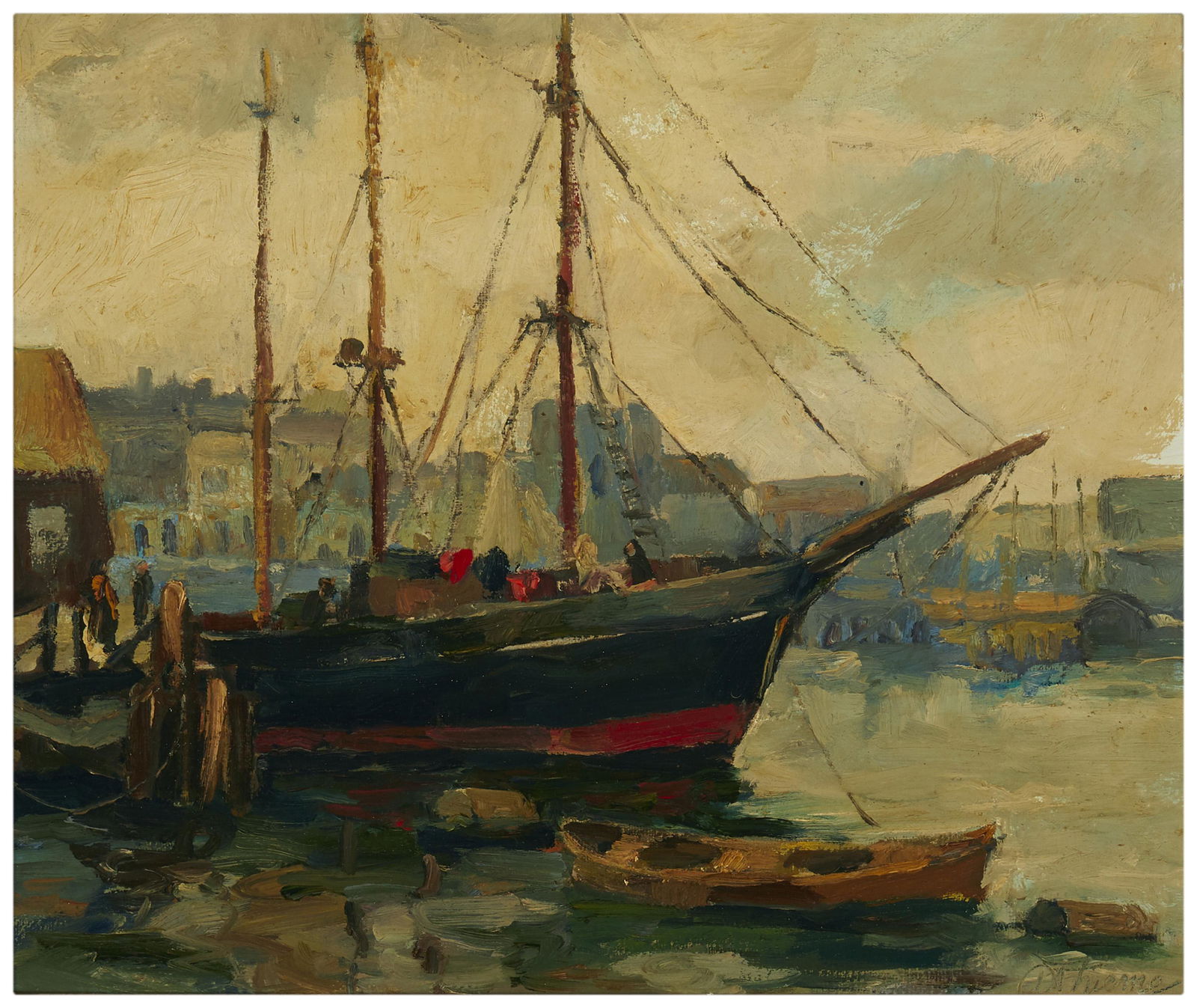 Anthony Thieme (1888-1954, Rockport, MA): Harbor scene Oil on canvas Signed lower right: A. Thieme 14" H x 16" W Exhibitions: New York, Salmagundi Club, "Auction Exhibition," 1956