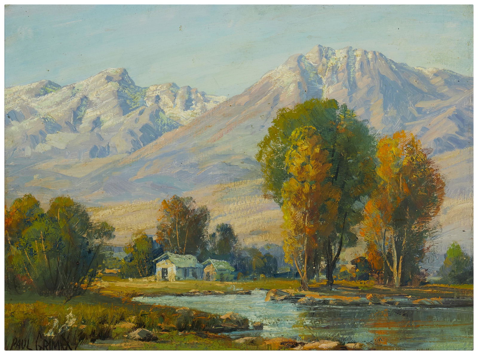 Paul Grimm (1891-1974, Palm Springs, CA): "High Sierras, Near Lone Pine" Oil on board Signed lower left: Paul Grimm, signed again, titled and inscribed verso: "To Virginia & Harold - Good Friends" 12" H x 16" W