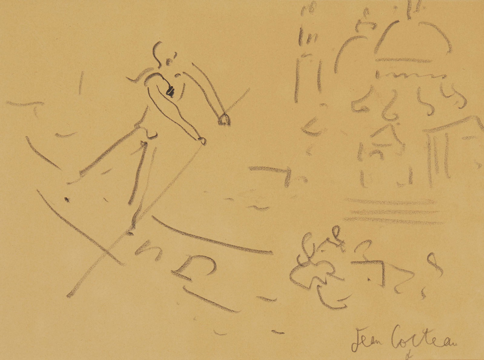 Jean Cocteau (1889-1963, French): The Gondolier Crayon on paper under glass Signed lower right: Jean Cocteau Sight: 11" H x 15" W