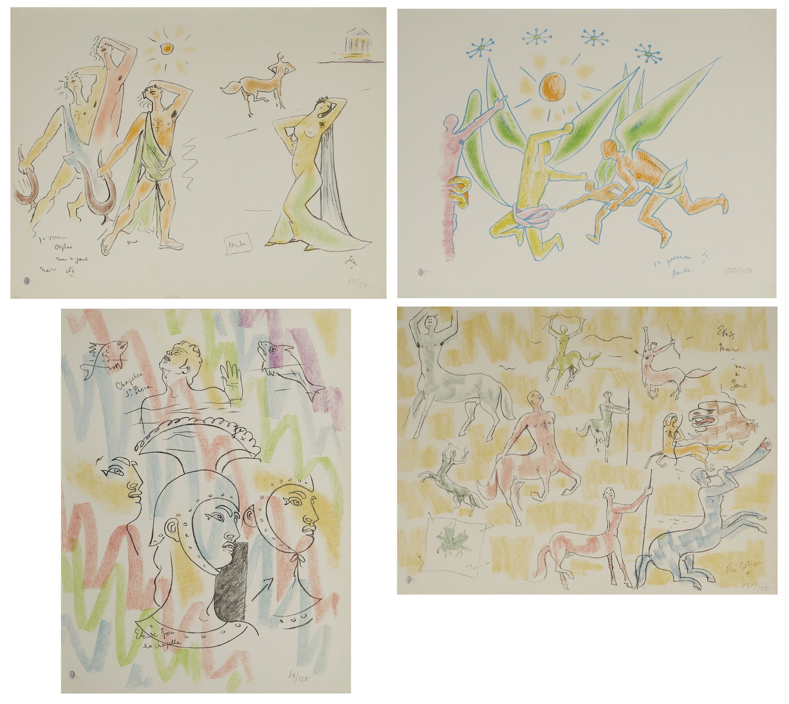 Jean Cocteau (1889-1963, French): Four winged figures Color lithograph on Arches paper 19.5" H x 25.5" W Edition 102/150, initialed and wetstamped lower left, numbered lower right "Orphee" Color lithograph on Arches paper 19.5" H x 25