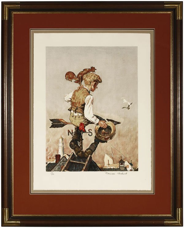 Norman Rockwell (1894-1978): On Top of the World, boy on a weathervane, signed in pencil lower right: Norman Rockwell, numbered in pencil lower left: 116/200, blind stamp lower left, lithograph on paper under glass, image size: 2