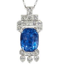 An Art Deco natural Ceylon sapphire and diamond pendant