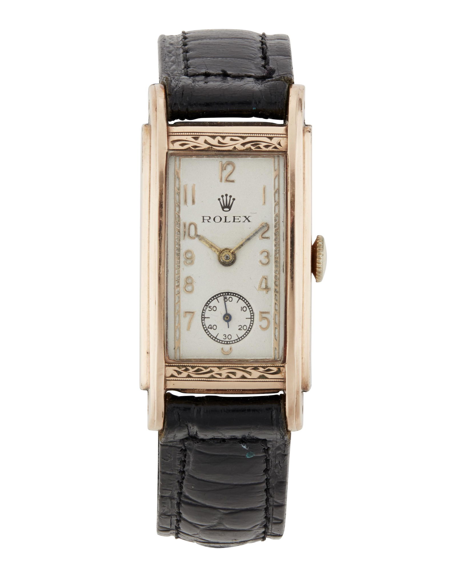 A Rolex Tank wristwatch: 1930s Dial: Rectangular white dial with gilt Arabic hour markers, gilt minute track, signed: Rolex Movement: 17 jewel stem wind and set movement, signed: Rolex Watch Co. Geneva Case: Rose-gold plat