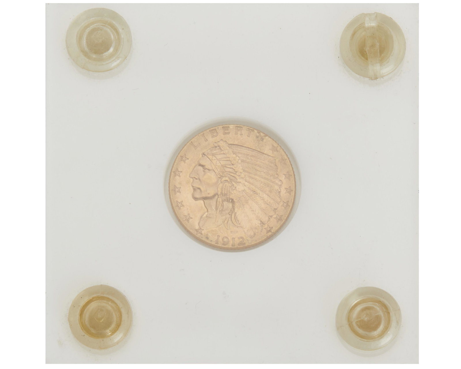 A 1912 $2 1/2 Indian head gold coin: Designed by Bela Lyon Pratt 18mm 4.00 grams, approximately