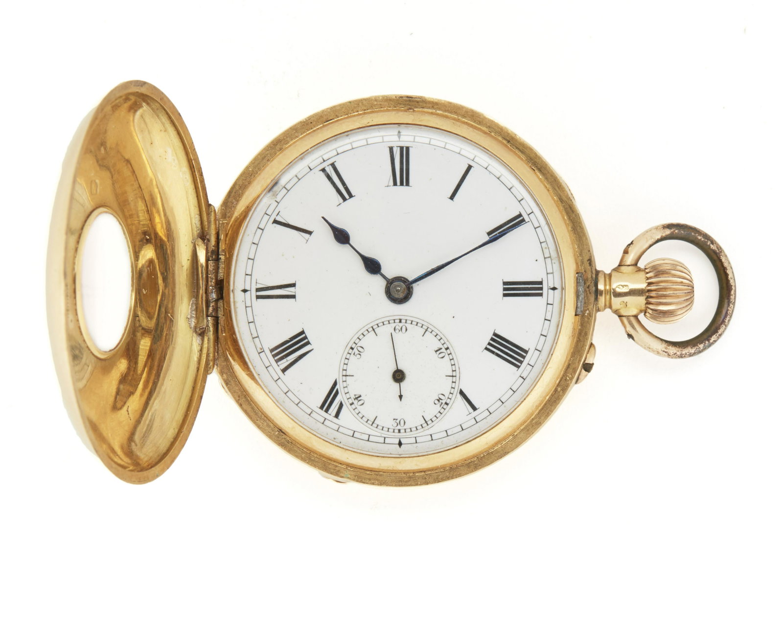 An 18k gold pocketwatch: Dial: White porcelain dial with black Roman numeral hour markers, outer minute track, sub-seconds dial Movement: Jeweled Swiss bar movement, stem wind and pin set, cut bi-metallic balance Case: 18k ye
