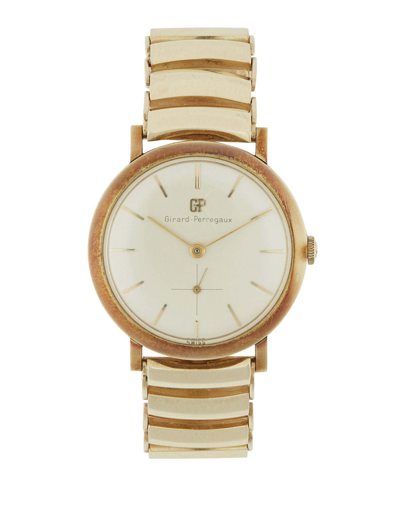 A Girard Perregaux wristwatch: 14k yellow gold Dial: Circular white dial, baton hour markers, sub-seconds dial, signed: Girard-Perregaux, applied GP Movement: 17 jewel stem wind and set movement, time only, Cal: 91U192, signed: Gir
