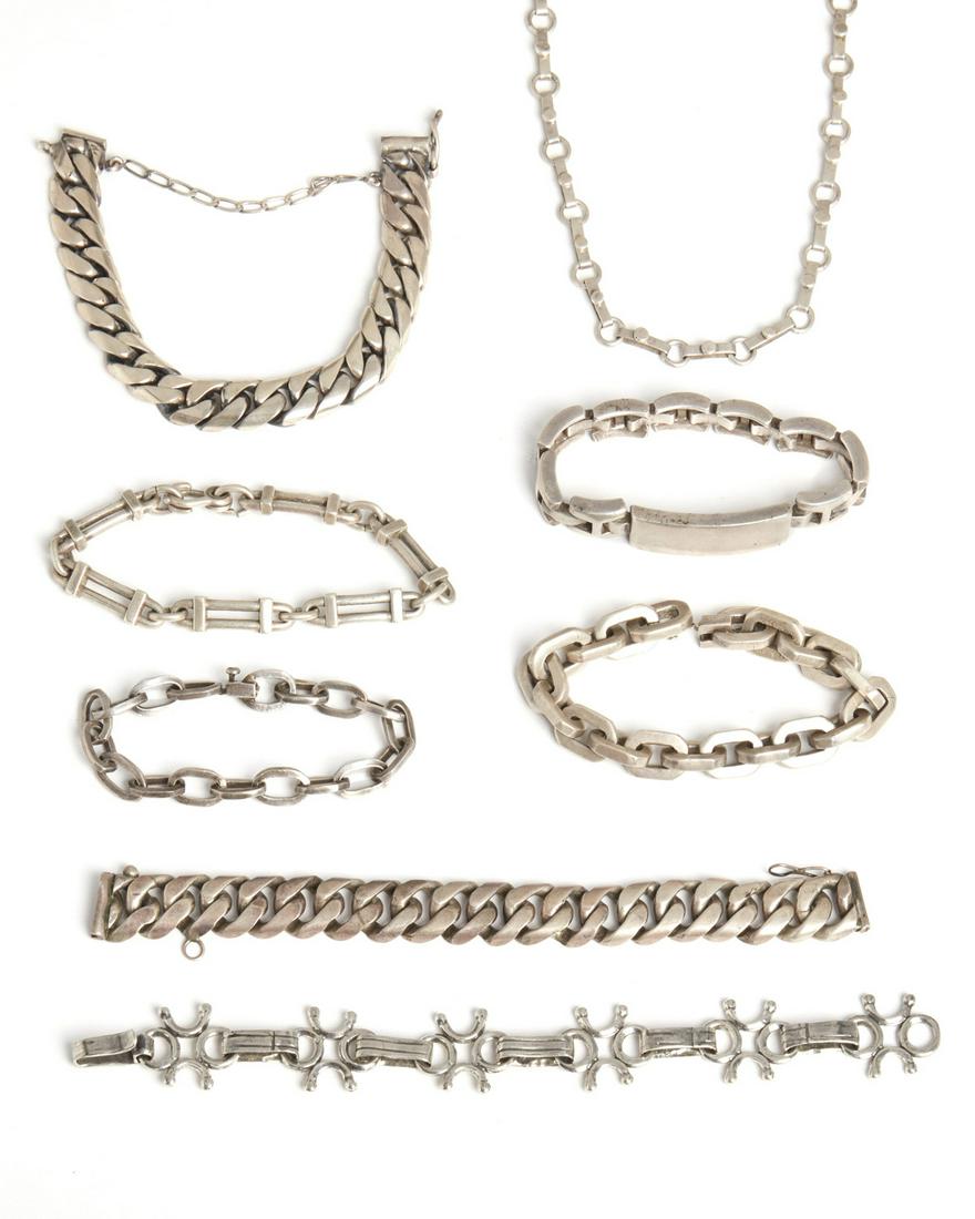 A group of Mexican jewelry: Third-quarter 20th Century; Mexico Four stamped for silver Comprising four silver link bracelets, a Fred Davis link bracelet, and a necklace and two fancy-link bracelets (apparently unmarked), 8 pie