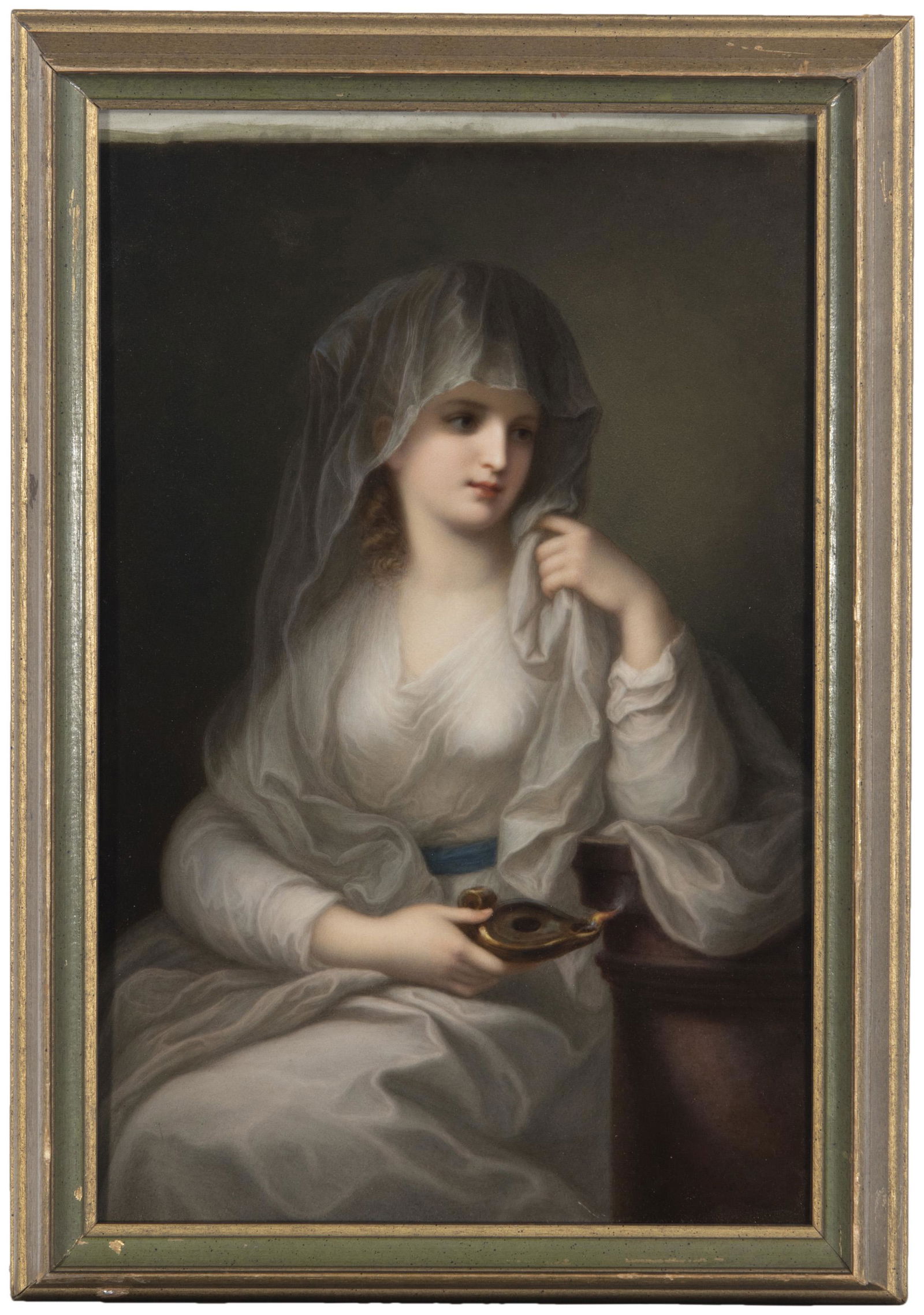 A KPM porcelain plaque: Circa 1837-1844 Stamped: K.P.M.; Back inscribed: Vetalin is Angelika Kauffman / Dresden After Angelika Kauffman's Portrait of a Lady as a Vestal Virgin (1781-1782) 15.5" H x 10" W