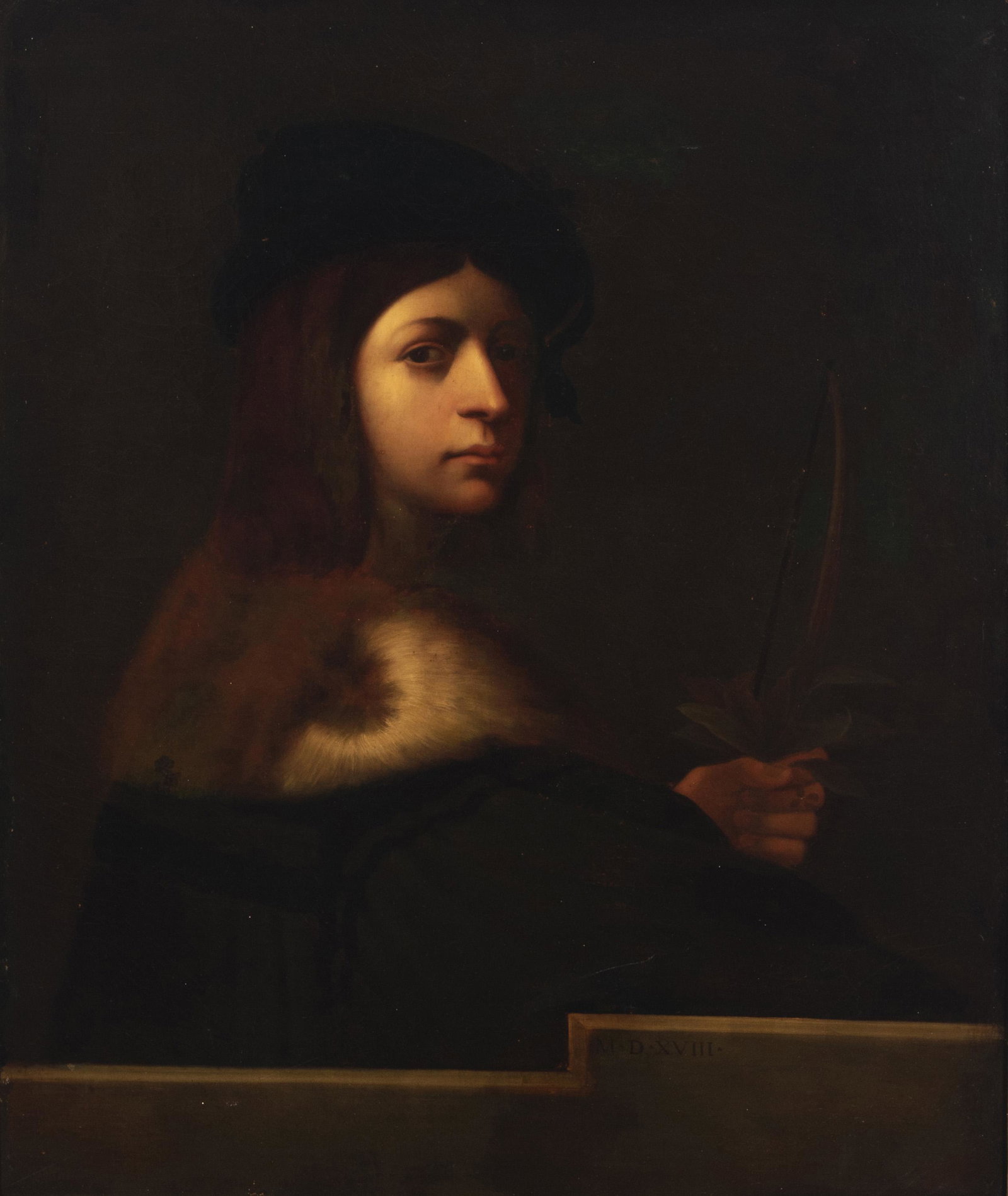 Portrait of a Renaissance-era man holding a knife: Mid-19th Century Italian School Oil on canvas laid to canvas Appears unsigned 29.5" H x 24" W