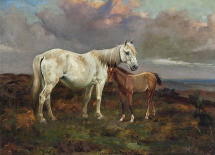 Wright Barker (1864-1941, English): A new Forest Pony and Foal, 1894 Oil on canvas laid to canvas Signed and dated lower left: Wright Barker / '94, titled lower center 20" H x 27" W