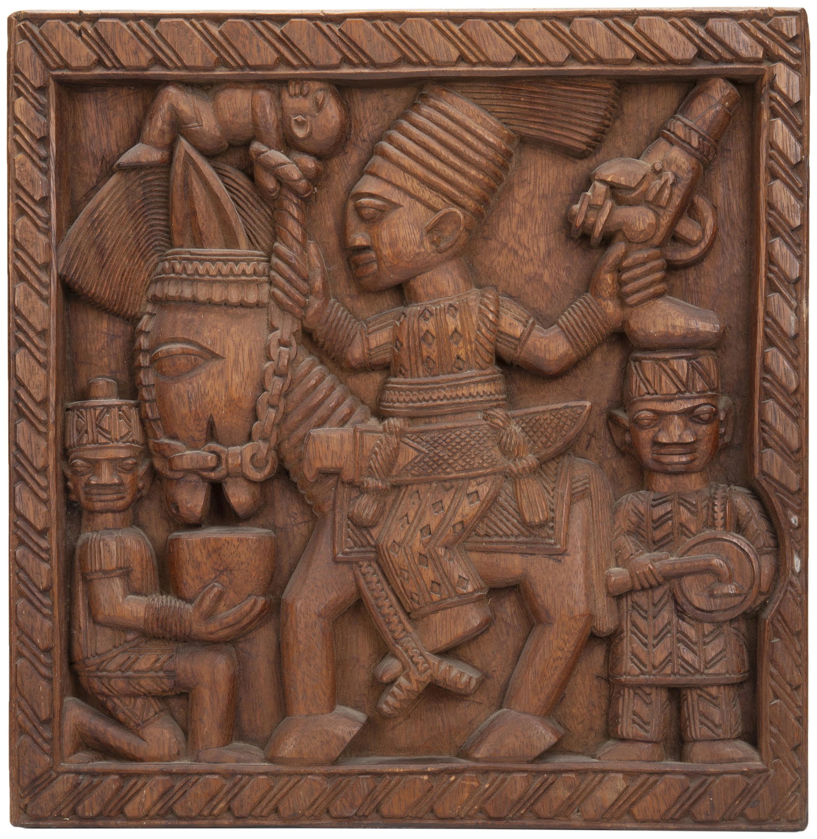 Lamadi Olonade Fakeye (1928-2009, Nigerian): "Warrior King on Horseback with Attendants," circa 1960 Wood Signed: L.O. Fakeye 17.75" H x 17.5" W x 2" D