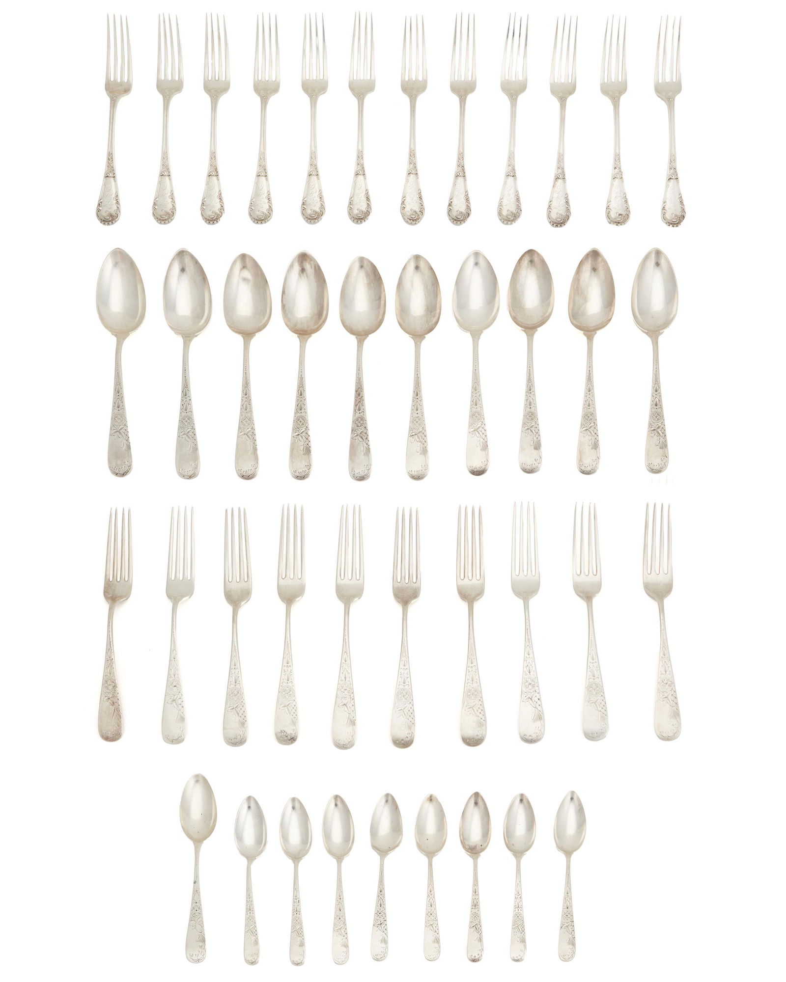 A collection of Duhme & Co. sterling silver flatware: Fourth-quarter 19th Century Each marked: Duhme & Co. / Sterling Comprising 10 place forks (7"), 10 place spoons (7"), 1 teaspoon (6.125"), and 8 five o'clock teaspoons (5.5") in the "Lily" pattern a