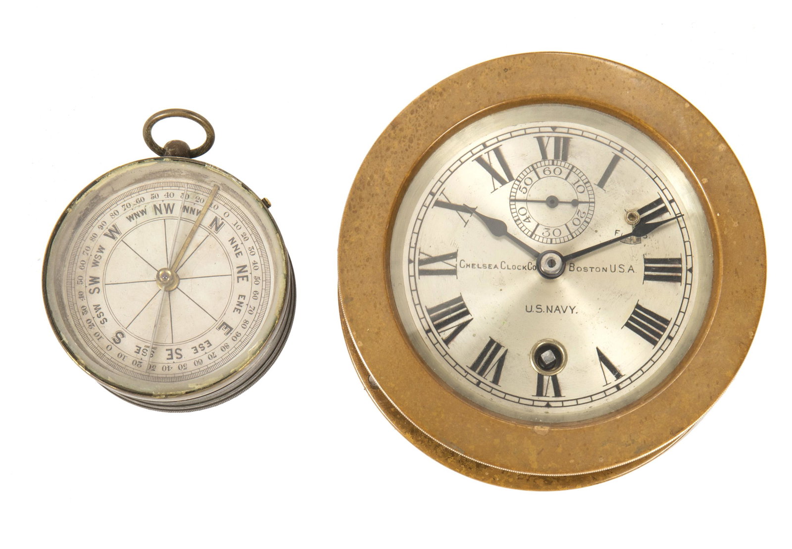 A Chelsea U.S. Navy ship's clock and J.W. Queen & Co.: First-quarter 20th Century Clock dial signed: Chelsea Clock Co. / Boston USA / U.S. Navy; Barometer signed: J.W. Queen & Co. / Philadelphia Comprising a Chelsea Clock Co. U.S. Navy ship's clock with b
