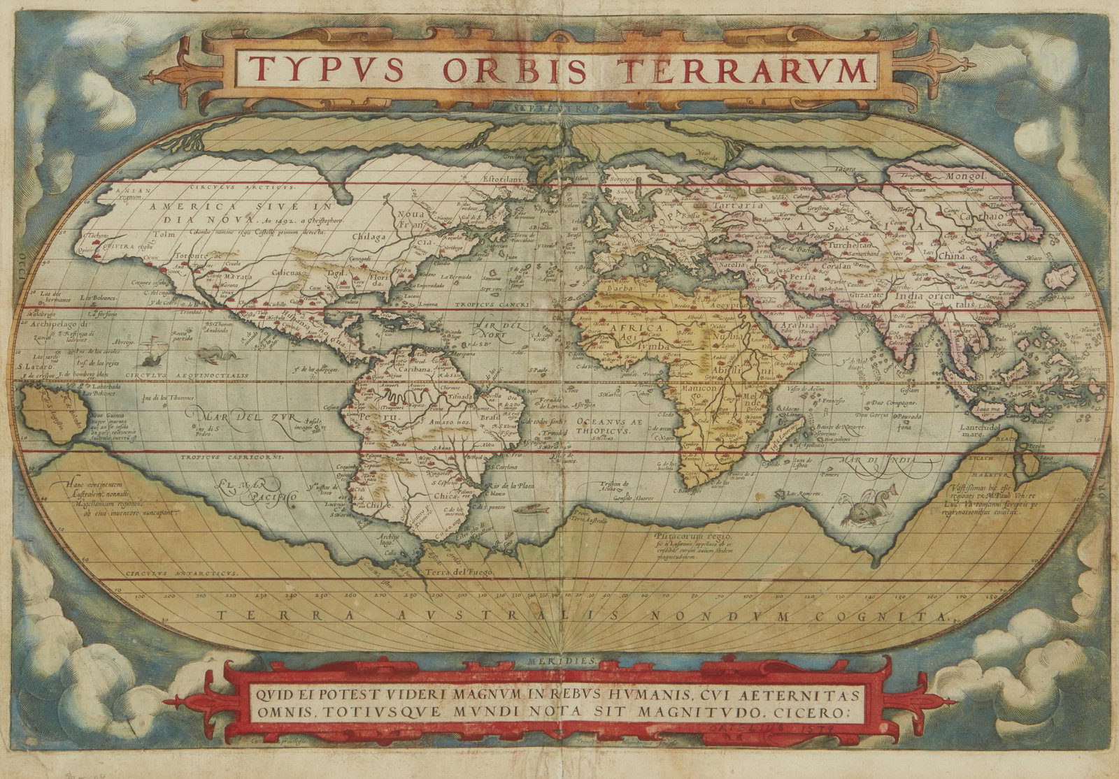 An antique map of the world: 17th/18th Century The world map with Cicero quote in Latin on red banner to bottom 14.5" H x 20.325" W