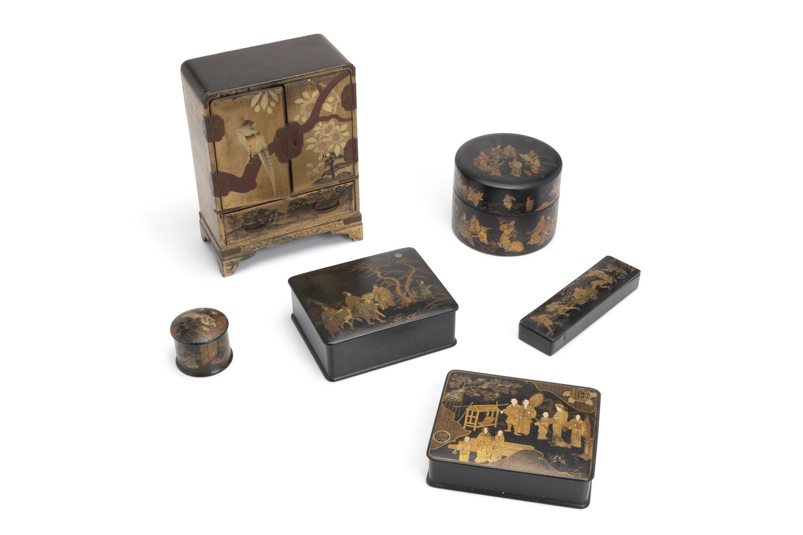 Six Asian wood boxes: First-quarter 20th Century Comprising three rectangular and two round lidded boxes all with painted figural scenes, together with a standing gilt jewelry box with drawers and hinged double-door front 