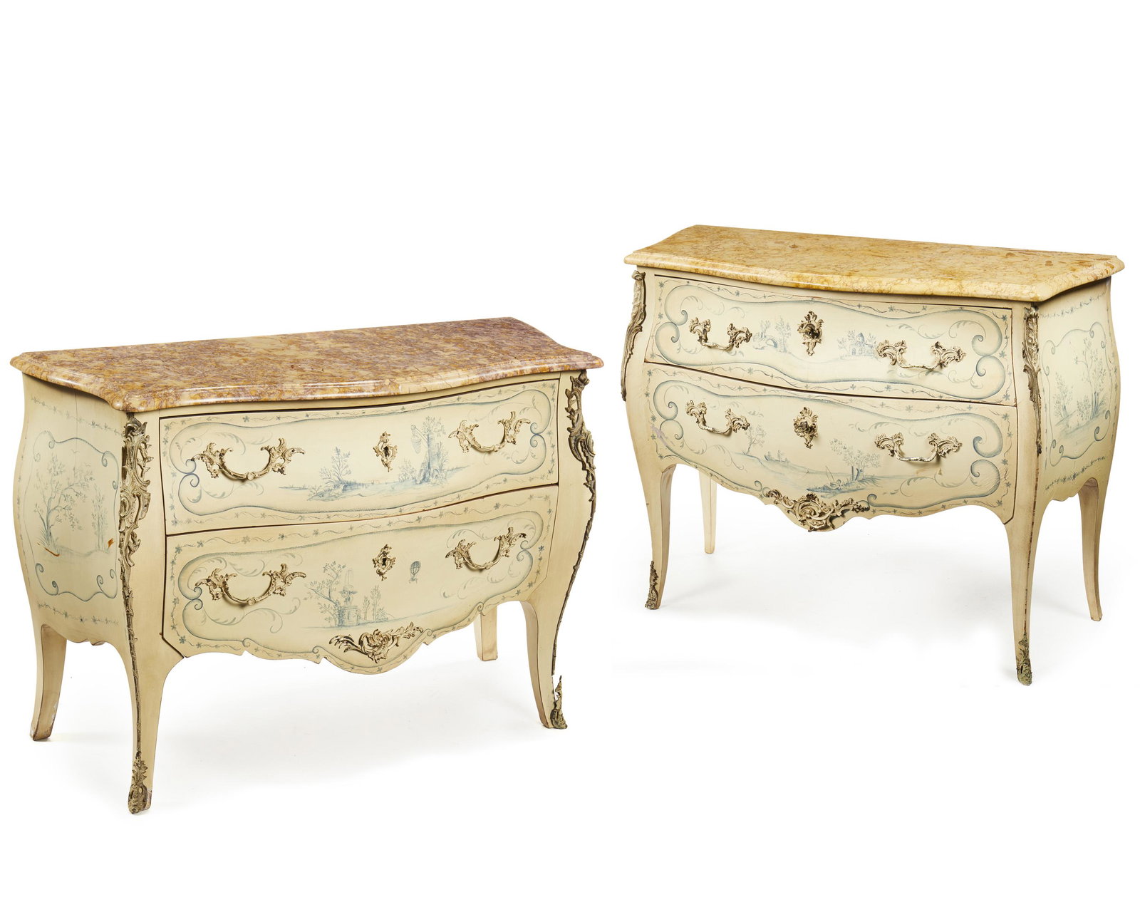 A near-pair of painted commodes: First-half 20th Century Each with contoured marble top, light blue painted pastoral designs, cabriole legs, and painted brass mounts and drawer pulls, 2 pieces Taller: 36" H x 46.5" W x 20" D; Short