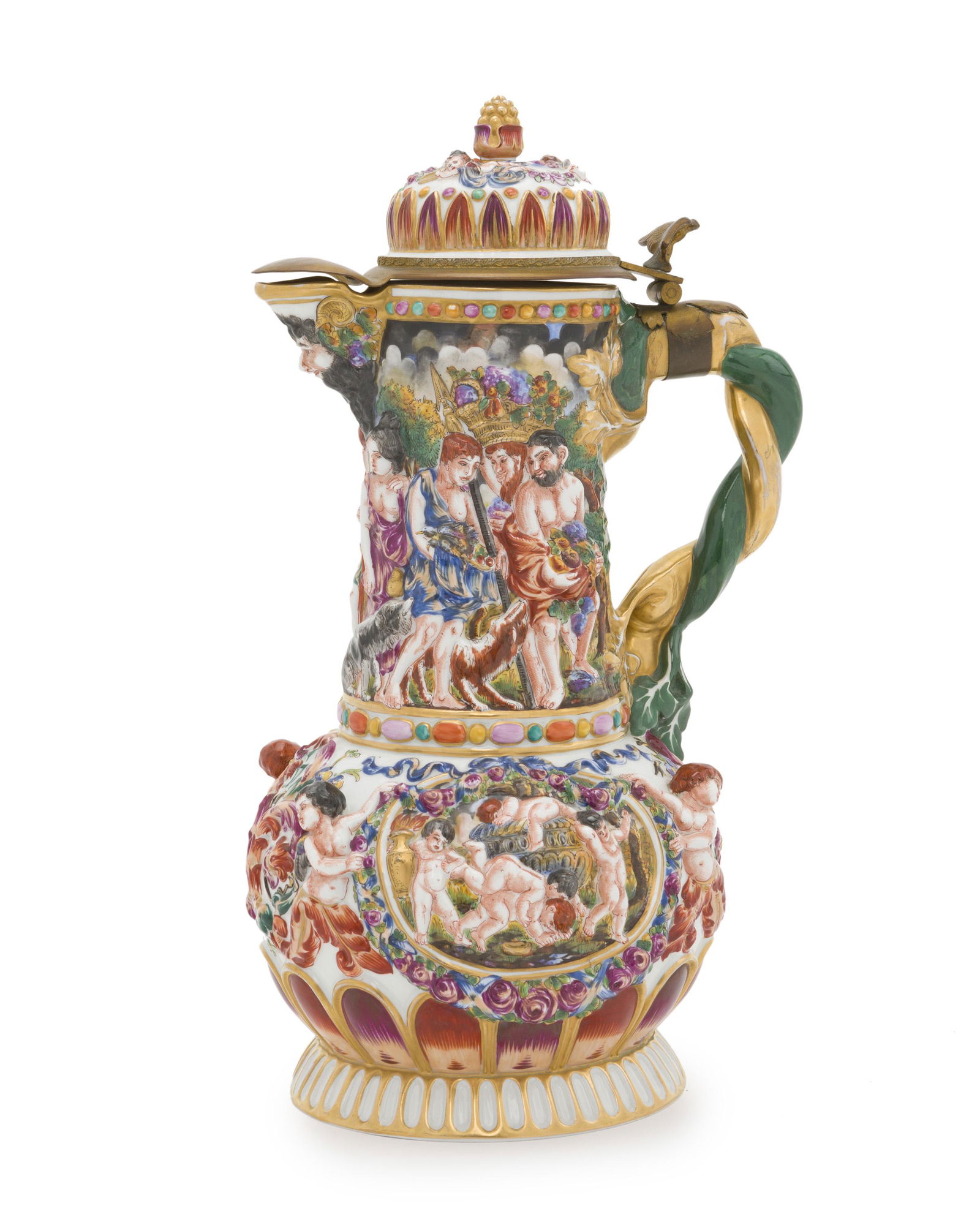 An Italian Capodimonte ewer: First-quarter 20th Century Blue underglazed mark to the bottom The hinged lid over a molded body adorned with Neoclassical figures 17.25" H x 9.5" W x 7.5" D