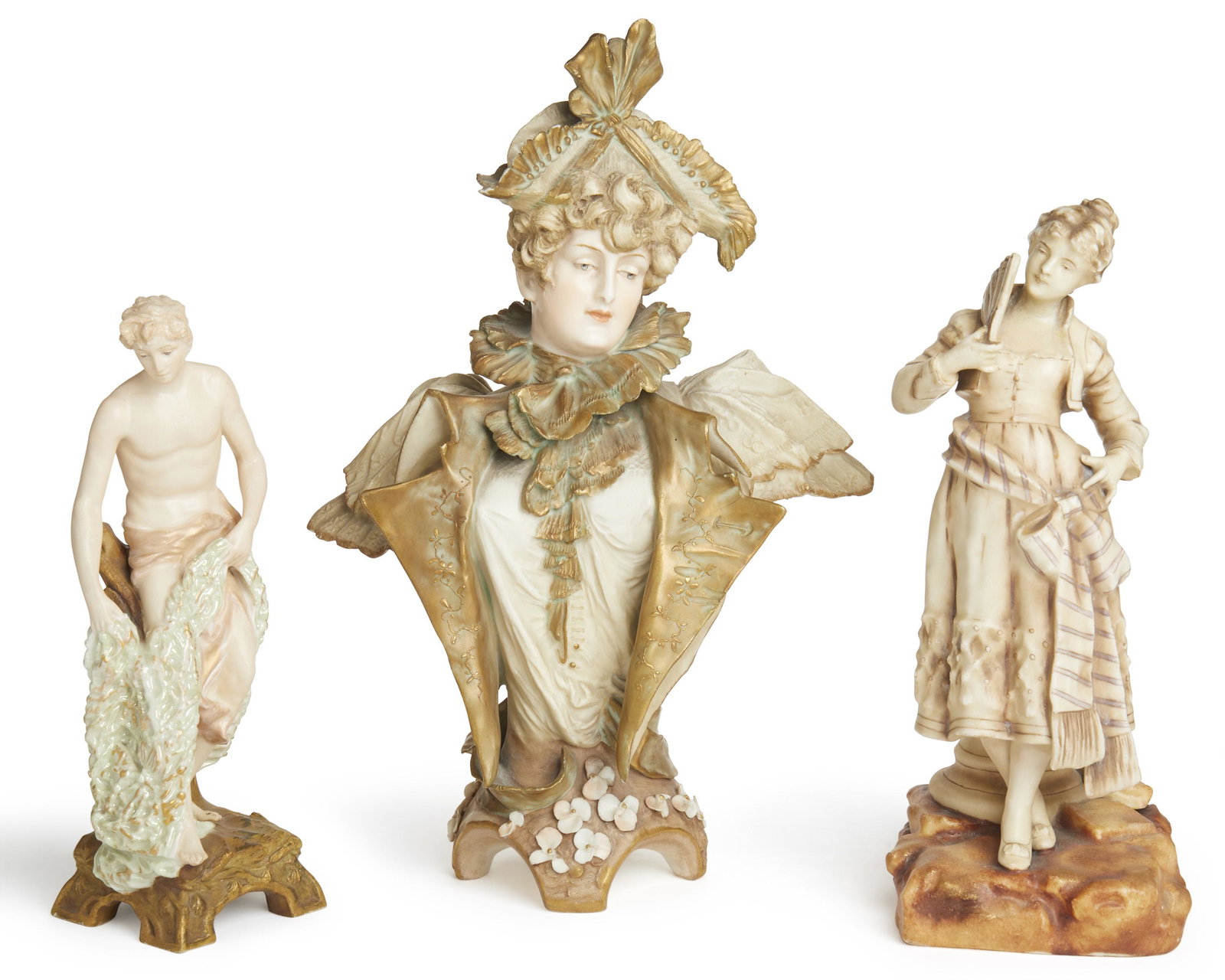 Three Amphora objects: Late 19th/early 20th Century One marked for Teplitz, two marked for Turn / Vienna Comprising a standing male figure, a bust of a man, and a bust of a woman, 3 pieces Largest: 12.125" H x 8" W x 4" D