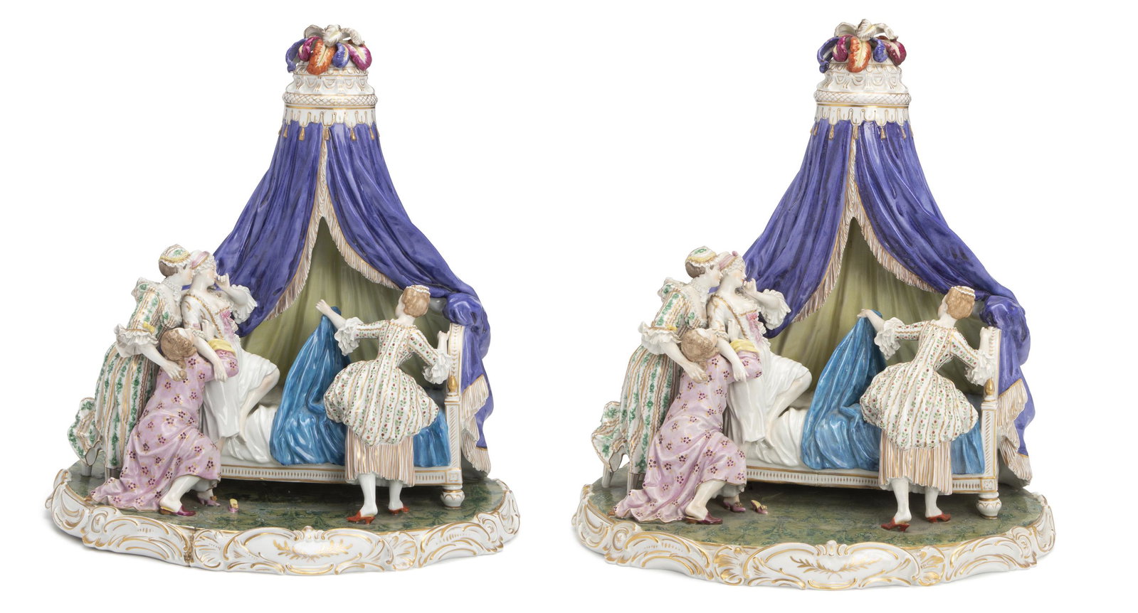 A pair of monumental Frankenthal porcelain figural: 18th Century; Germany Painted with Frankenthal factory mark on underside: [Lion of the Palatinate / Lion rampant] Each figural group with the same scene escorting a lady to her bed, 2 pieces Each appr