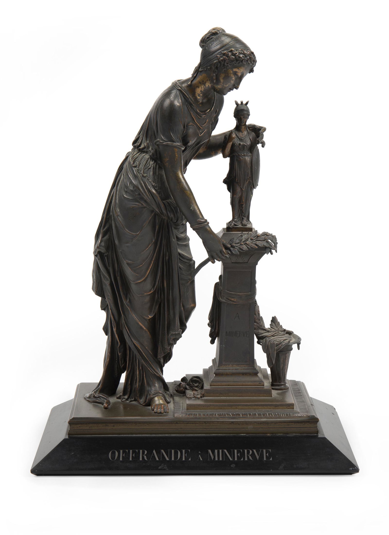 A French Neoclassical bronze figure "Offrande A: Fourth-quarter 19th Century Inscribed: Offrande Minerve; Further titled to marble base The classical female figure shown laying laurel leaves at the feet of a statue to Minerva set on a marble base