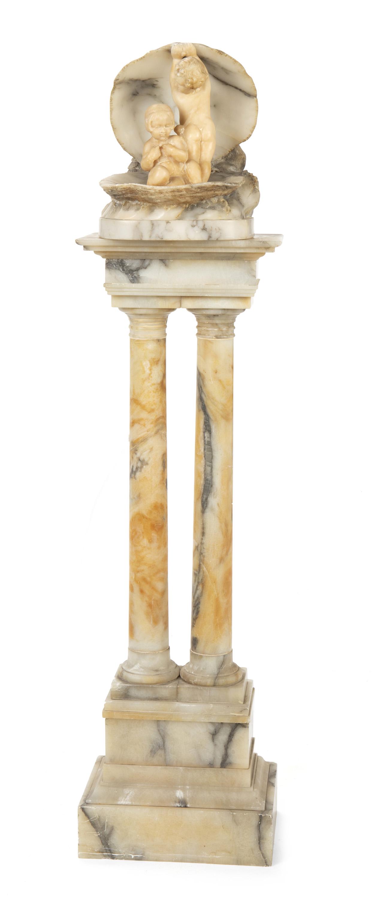 A Neoclassical-style carved stone figural statue on: First-quarter 20th Century Signed: Made in Italy 1876 Depicting putti in a shell on a complementary columnar pedestal and with internal lighting, electrified, 4 pieces 51" H x 12.5" W x 10" D