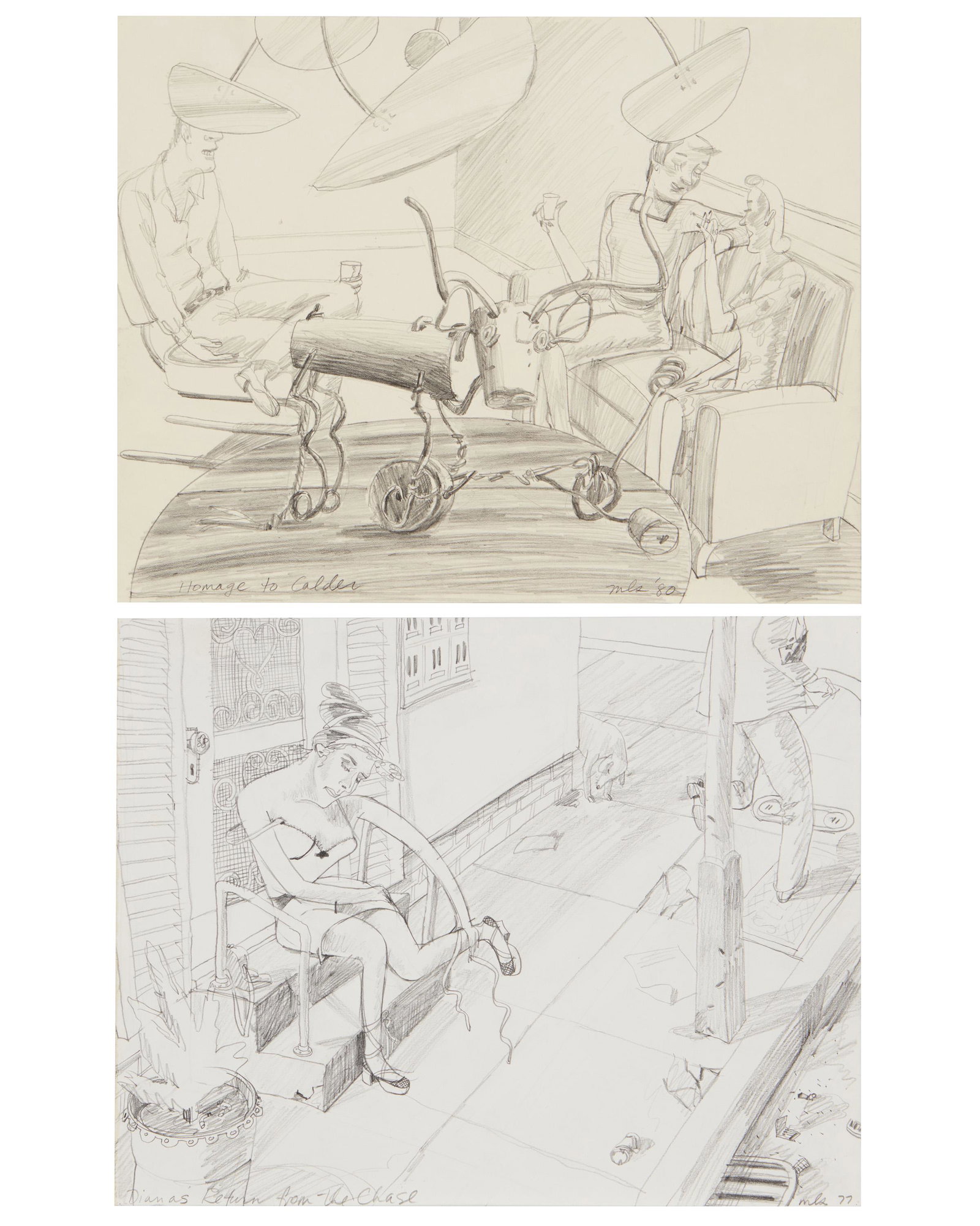 M Louise Stanley (b. 1942, Emeryville, CA): Two works "Homage to Calder," 1980 Pencil on paper 11" H x 14" W Initialed and dated lower right: MLS / '80 "Dianas Return from the Chase," 1977 Pencil on paper 11" H x 14" W Ini