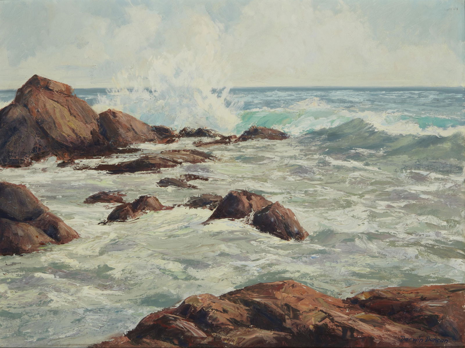 Darwin Duncan (1905-2002, Ramona, CA): Crashing waves in a rocky coastal seascape Oil on masonite Signed lower right: Darwin Duncan 23" H x 30" W