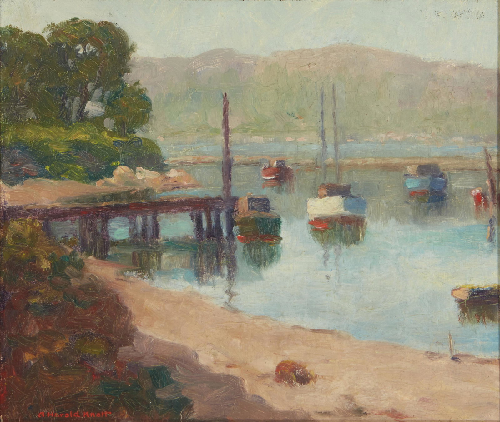 Arthur Harold Knott (1883-1977, Morro Bay, CA): "Abalone Wharf," circa 1930's Oil on canvas laid to fiberboard Signed lower left: A. Harold Knott, signed again, titled and inscribed verso: "Morro Bay Calif," dated on a gum label affixed to the fram