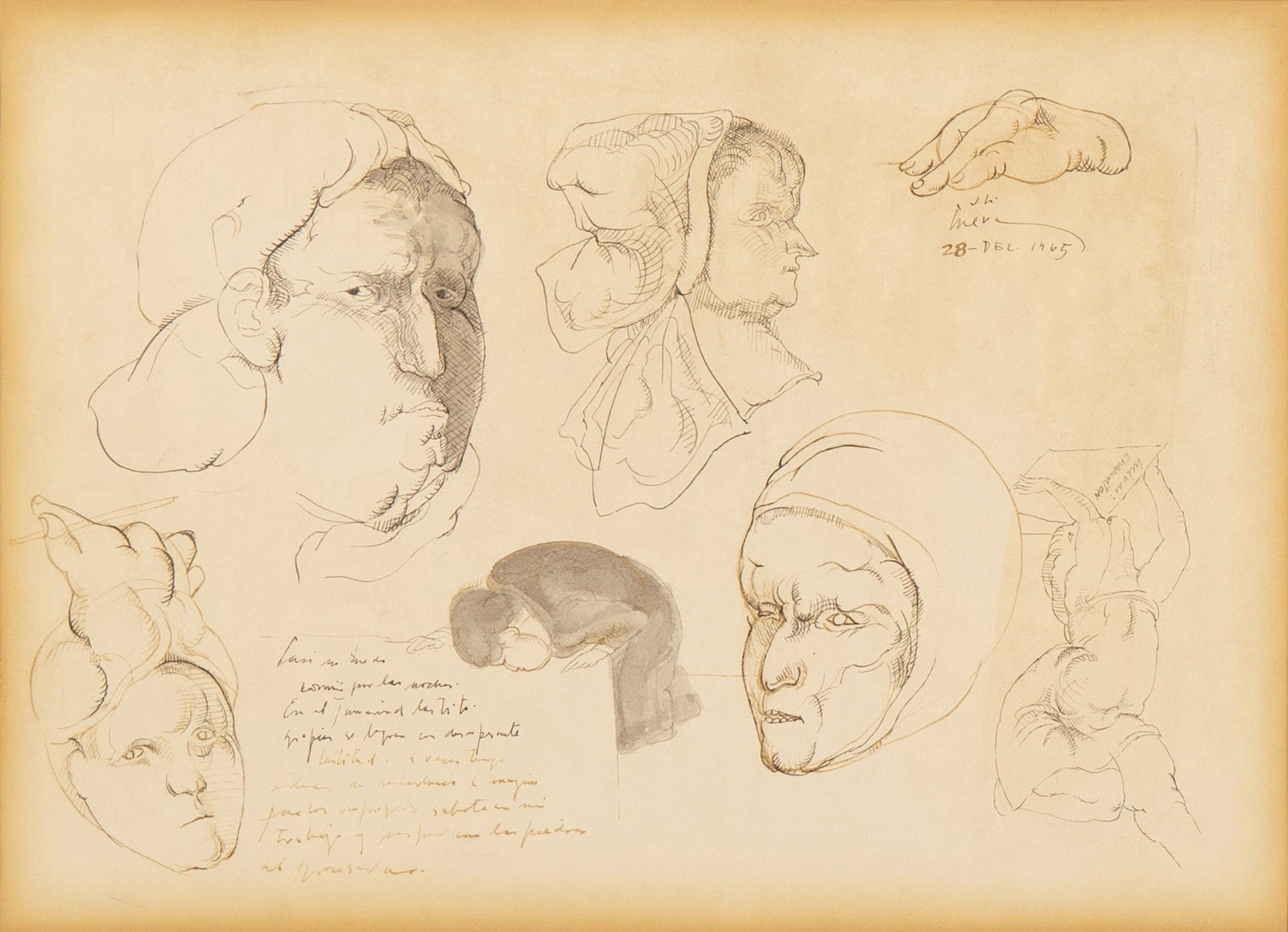 Jose Luis Cuevas (1934-2017, Mexican/American): "Pagina De Estudios (Sketches Page)," 1965 Ink and watercolor on paper under glass Signed and dated upper right: Cuevas, signed and dated again and titled verso: 28 December 65 8" H x 11" W Provenance