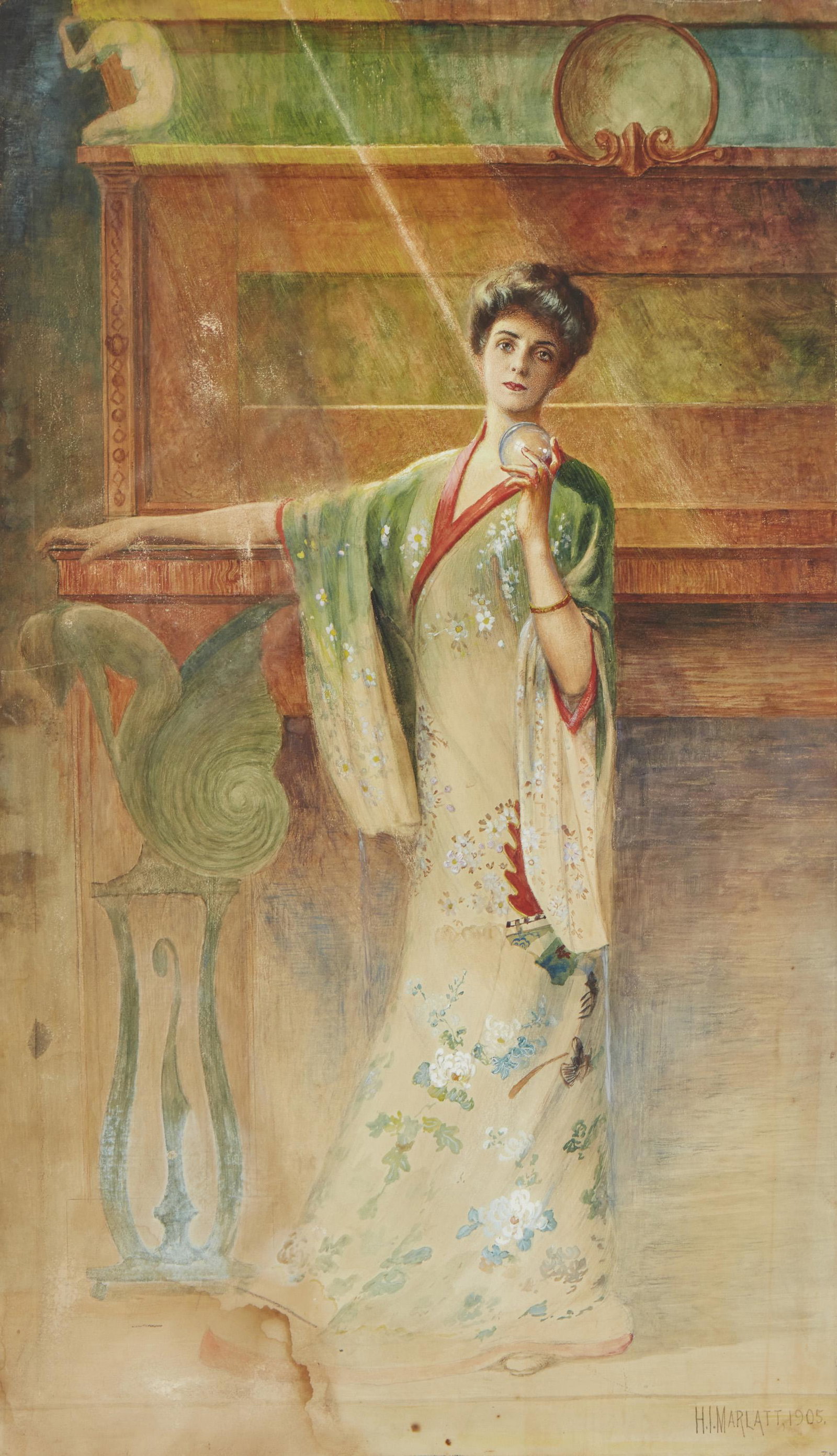 Hamilton Irving Marlatt (1867-1929, New York): Portrait of a lady holding a crystal ball, 1905 Watercolor and gouache on paper laid to card under glass Signed and dated lower right: H.I. Marlatt 29.75" H x 17.25" W
