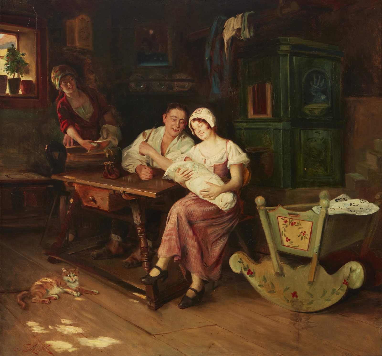 Jan Skramlik (1860-1936, Czech Republic): Family with baby in an interior Oil on linen Signed lower left: J. Skramlik 39.25" H x 41.5" W