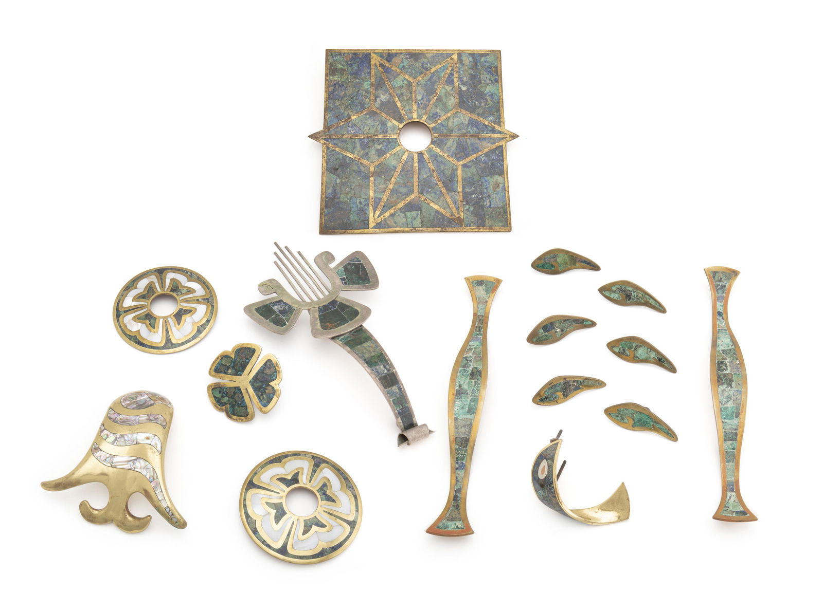 A group of Los Castillo furniture hardware: Third-quarter 20th Century; Taxco, Mexico Each stamped: Los Castillo Taxco / Hecho en Mexico; Some numbered Comprising fifteen items with mother of pearl, abalone, and malachite inlay in various sha