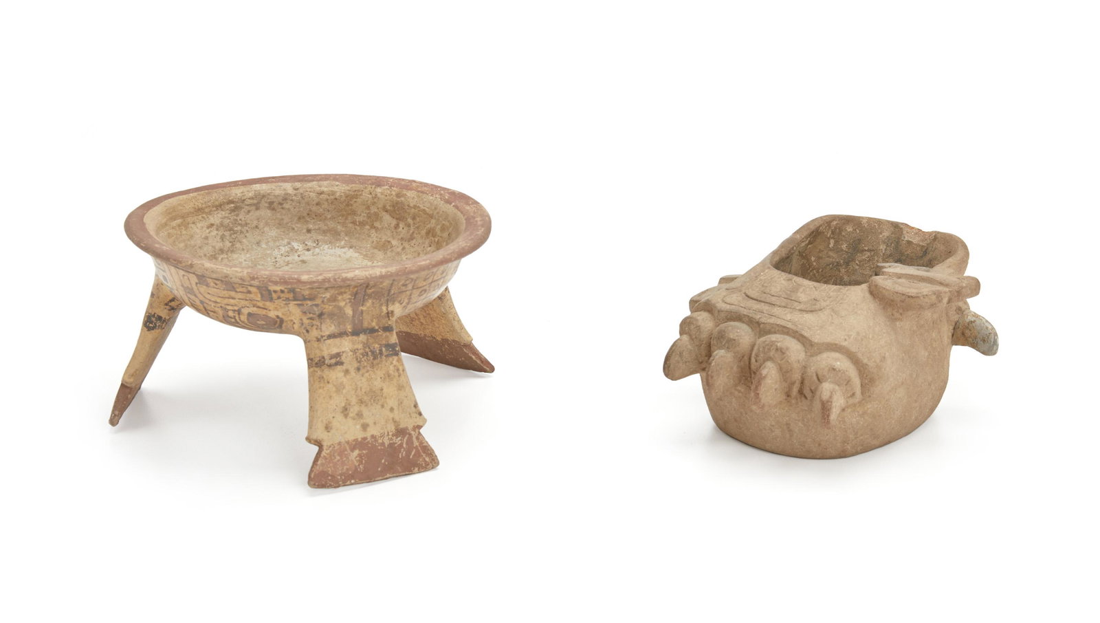 Two Pre-Columbian Mexican items: Circa 250-1521 CE Comprising an earthenware Zapotec jaguar foot vessel with incised patterns and a Mixtec or Aztec earthenware tripod bowl with polychrome decoration, 2 pieces Larger: 2.25" H x 6" Dia