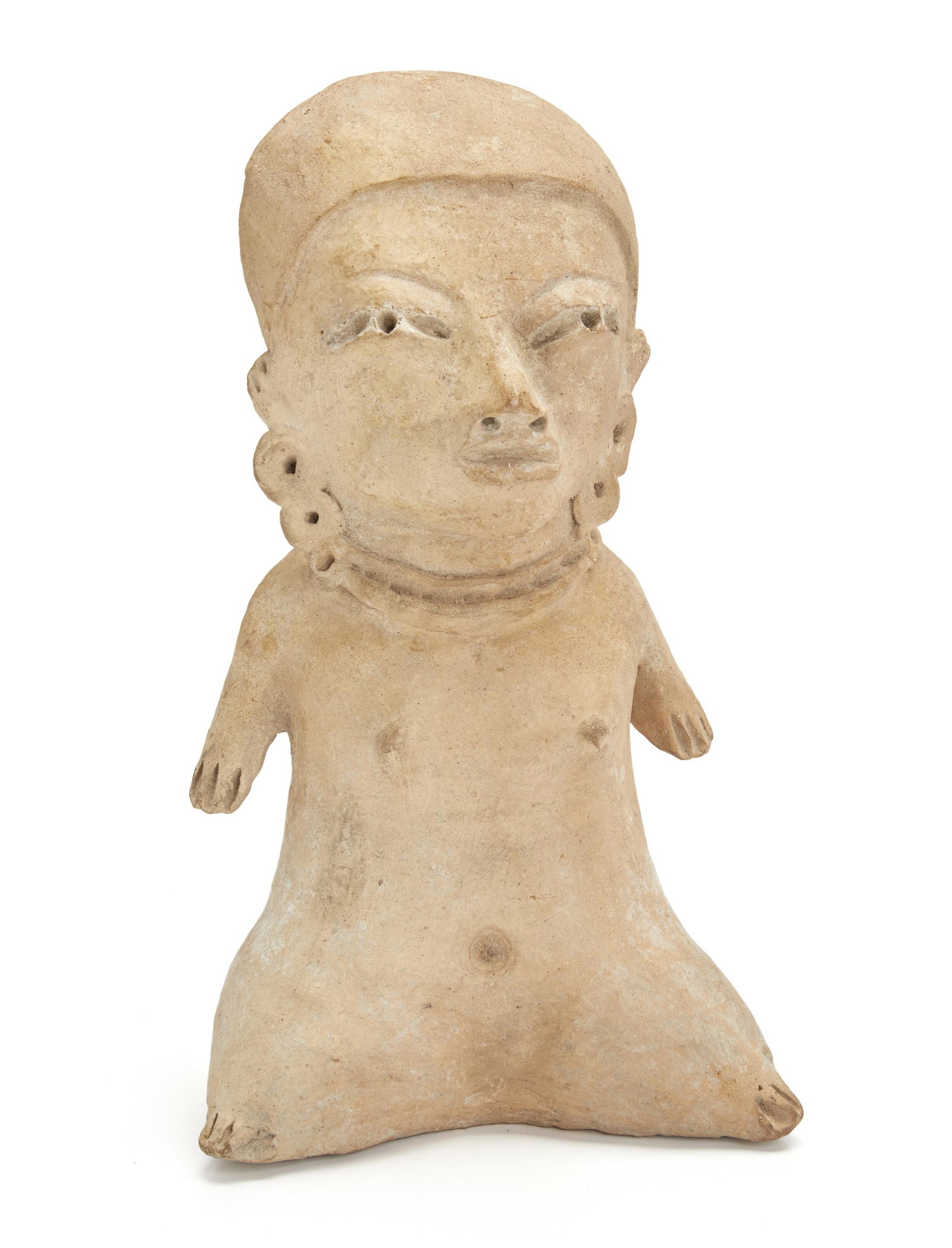 A Pre-Columbian Tlatilco figure: Circa 1150-550 BCE The earthenware figure depicted wearing a necklace and earrings 12" H x 7.25" W x 4.25" D Provenance: Bonhams, San Francisco, Native American and Pre-Columbian Art, 06/04/07, lot 45