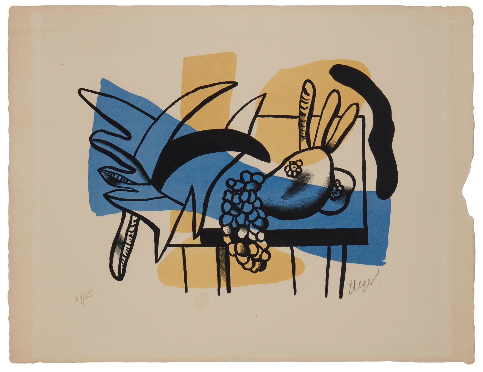 Fernand Leger (1881-1955, French): "Nature morte aux fruits," 1948 Color lithograph on Arches paper Edition 49/75, signed in pencil lower right: F. Leger, numbered in pencil lower left, Arches watermark lower center Sheet: 19.75" H