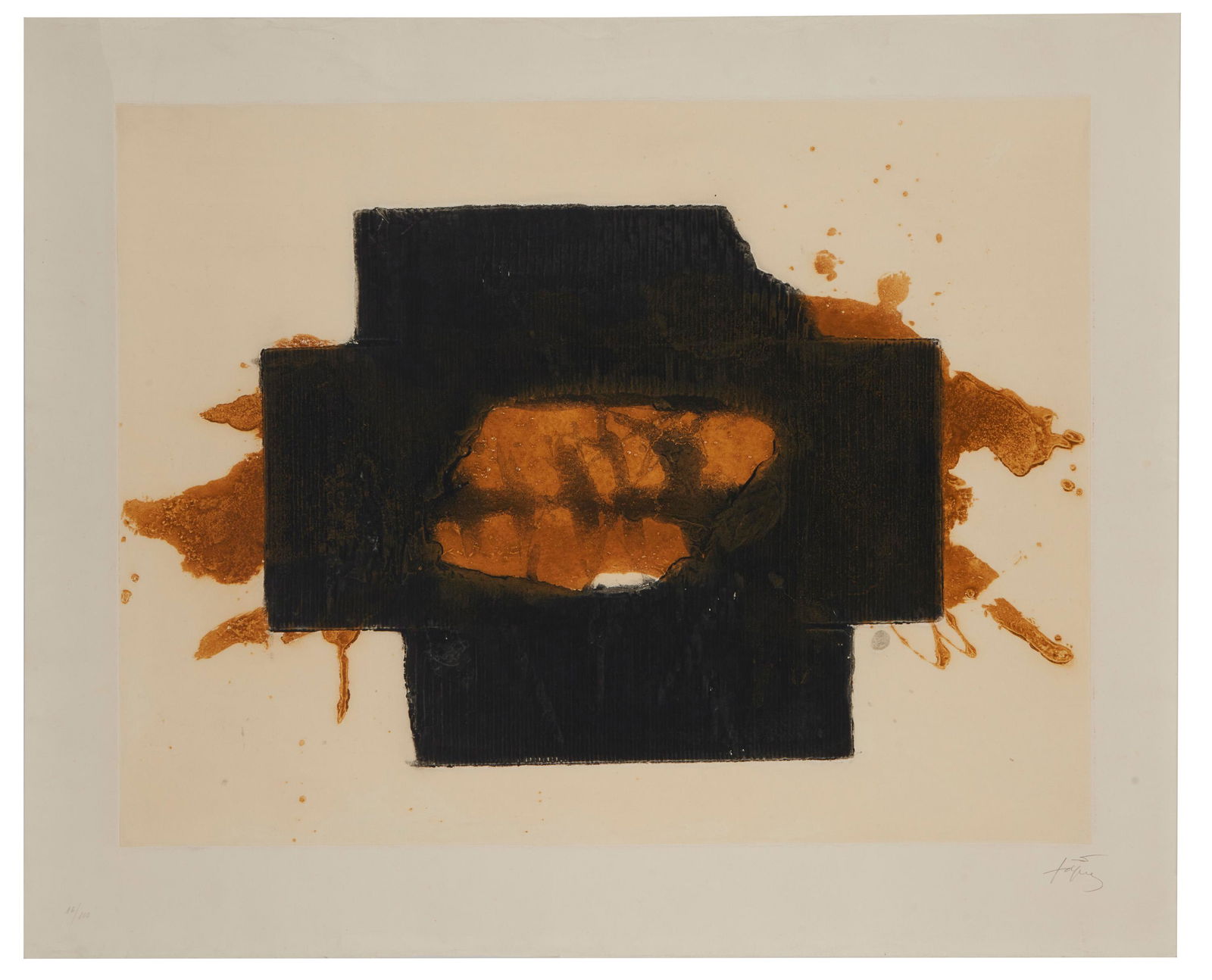 Antoni Tapies (1923-2012, Spanish): Untitled plate 9, from the suite of 17, "Nocturn Matinal," 1970 Color etching on Guarro paper, La Poligrafa, Barcelona, pub. Edition 16/100, signed in pencil lower right: Tapies, numbered in pencil