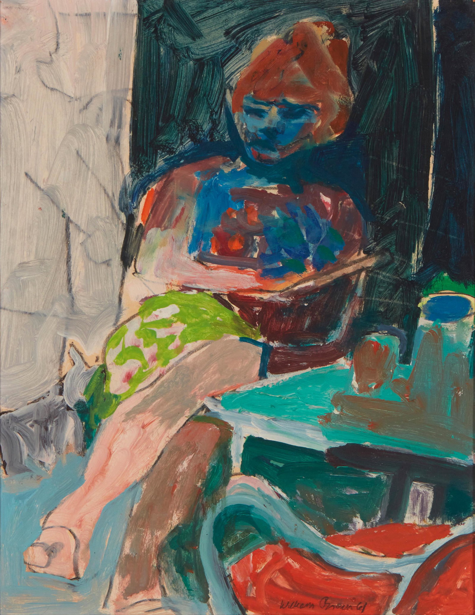 William Theophilus Brown (1919-2012, American): "Woman with Red Chair," 1961 Oil on paper Signed and dated lower right: William Brown / 61 11" H x 8.5" W Provenance: Felix Landau Gallery, Los Angeles, CA Collection of Barbara Pie Levee, Los Angeles