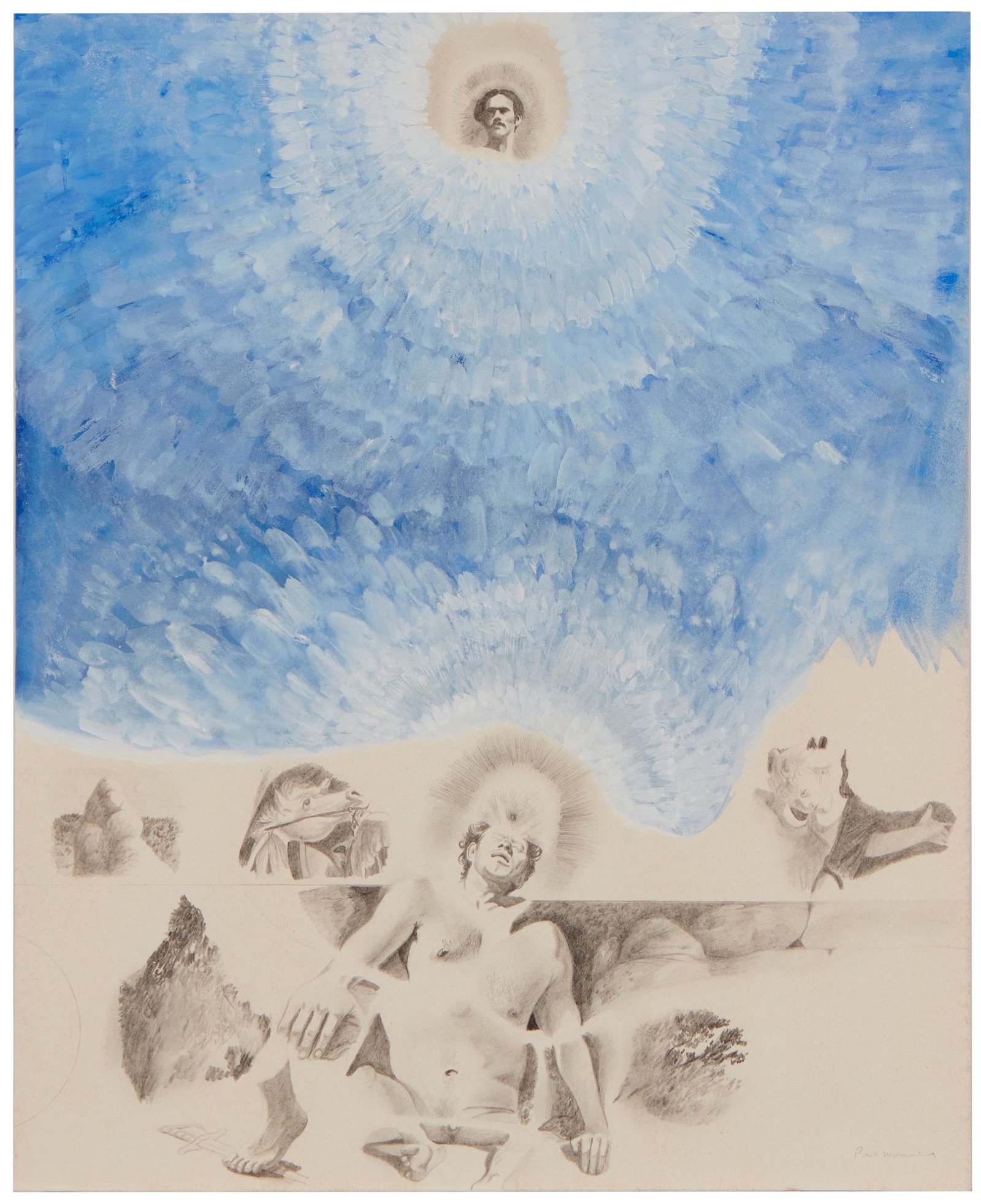 Paul John Wonner (1920-2008, American): "Saul Blinded," 1971 Pencil, acrylic and gouache on paper Signed lower right: Paul Wonner, titled and dated on a gallery tag affixed to a remnant of a previous backing board, signed, dated and title